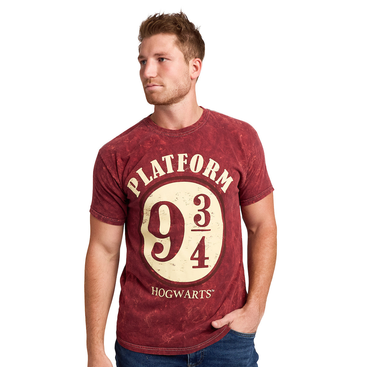 Harry Potter Platform 9 ¾ Men's Maroon Mineral Wash Crew Neck Short Sleeve T-shirt