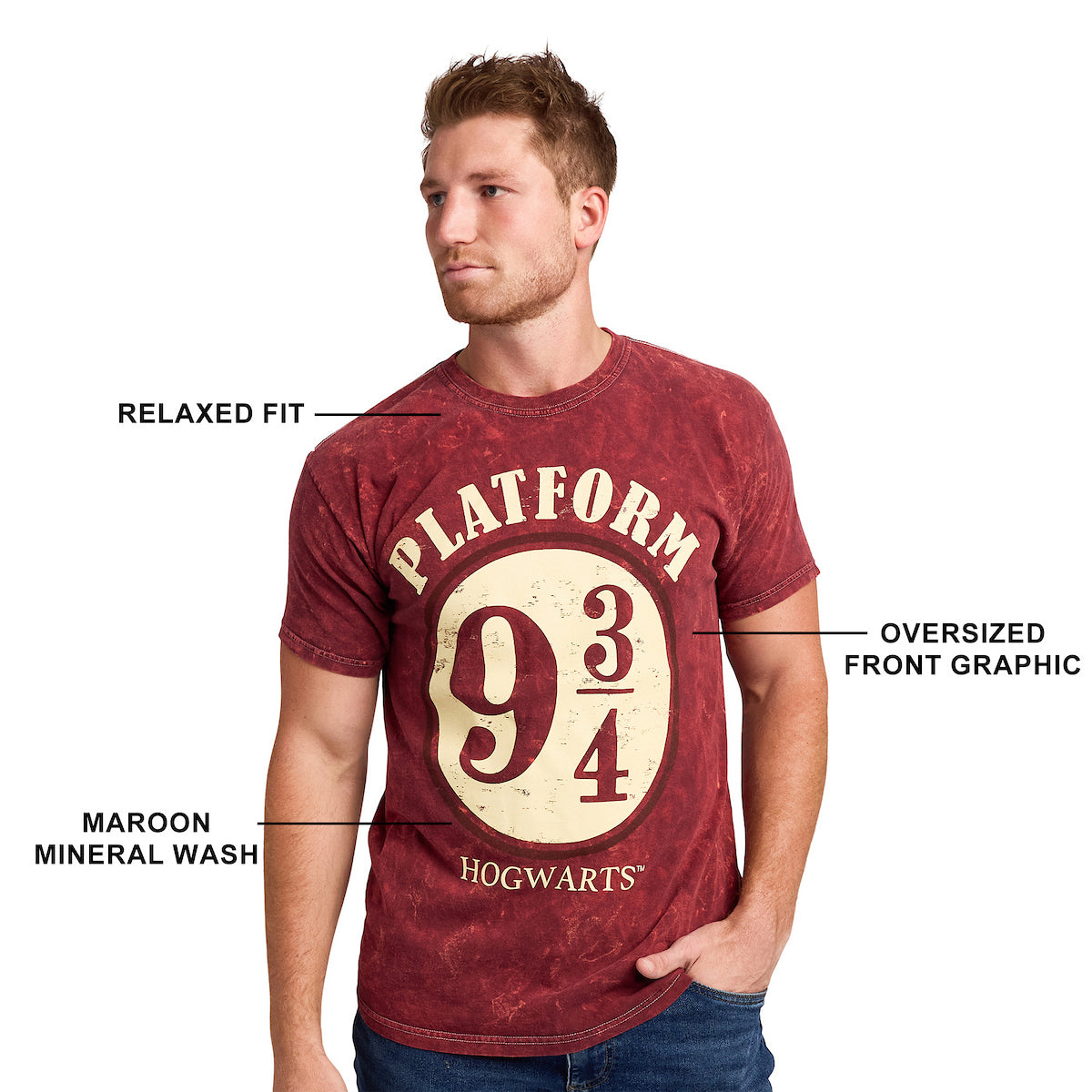 Harry Potter Platform 9 ¾ Men's Maroon Mineral Wash Crew Neck Short Sleeve T-shirt