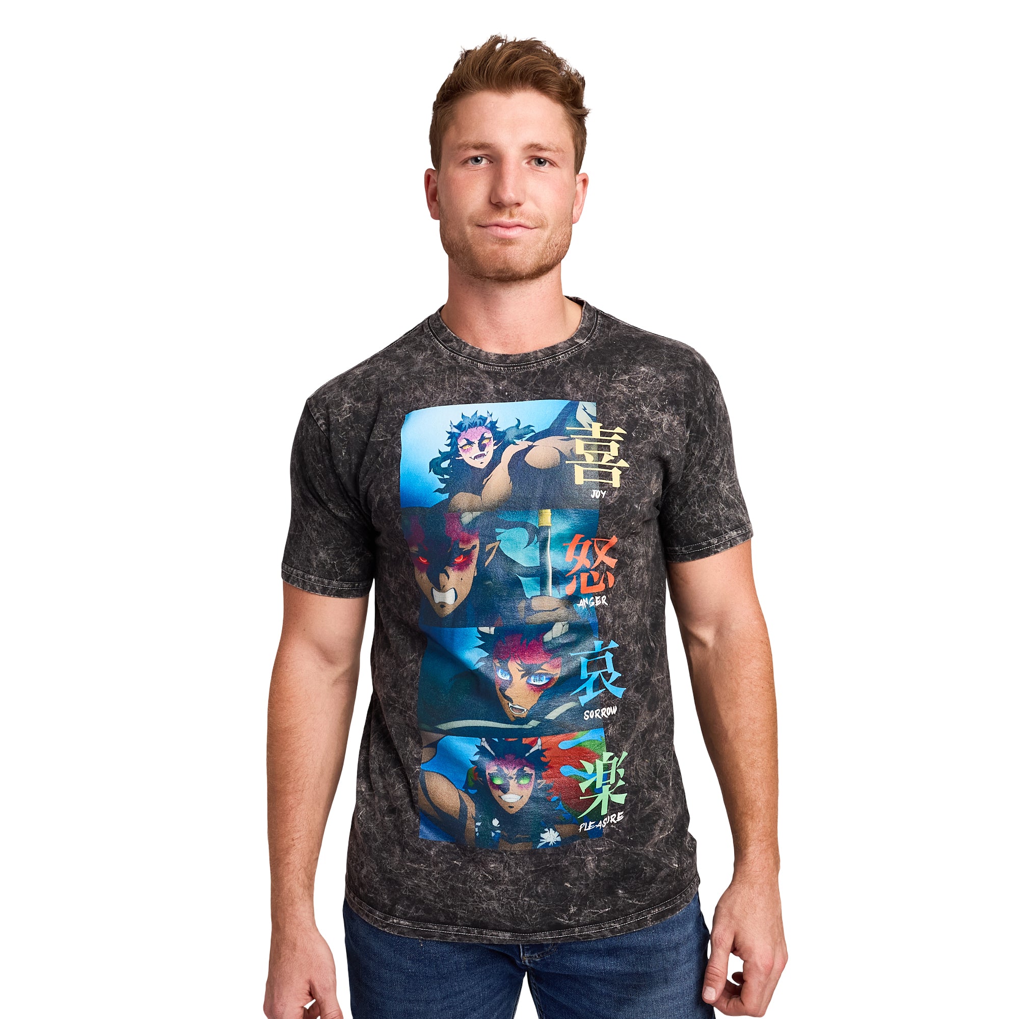 Demon Slayer Joy Sorrow Anger Pleasure Men's Black Crew Neck Short Sleeve T-shirt