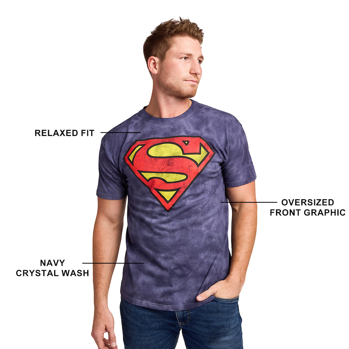 Superman Logo Men's Navy Crystal Wash Crew Neck Short Sleeve T-shirt