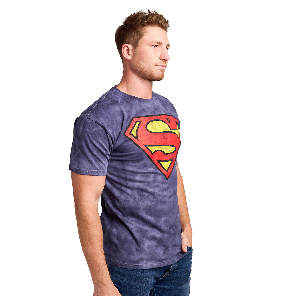 Superman Logo Men's Navy Crystal Wash Crew Neck Short Sleeve T-shirt