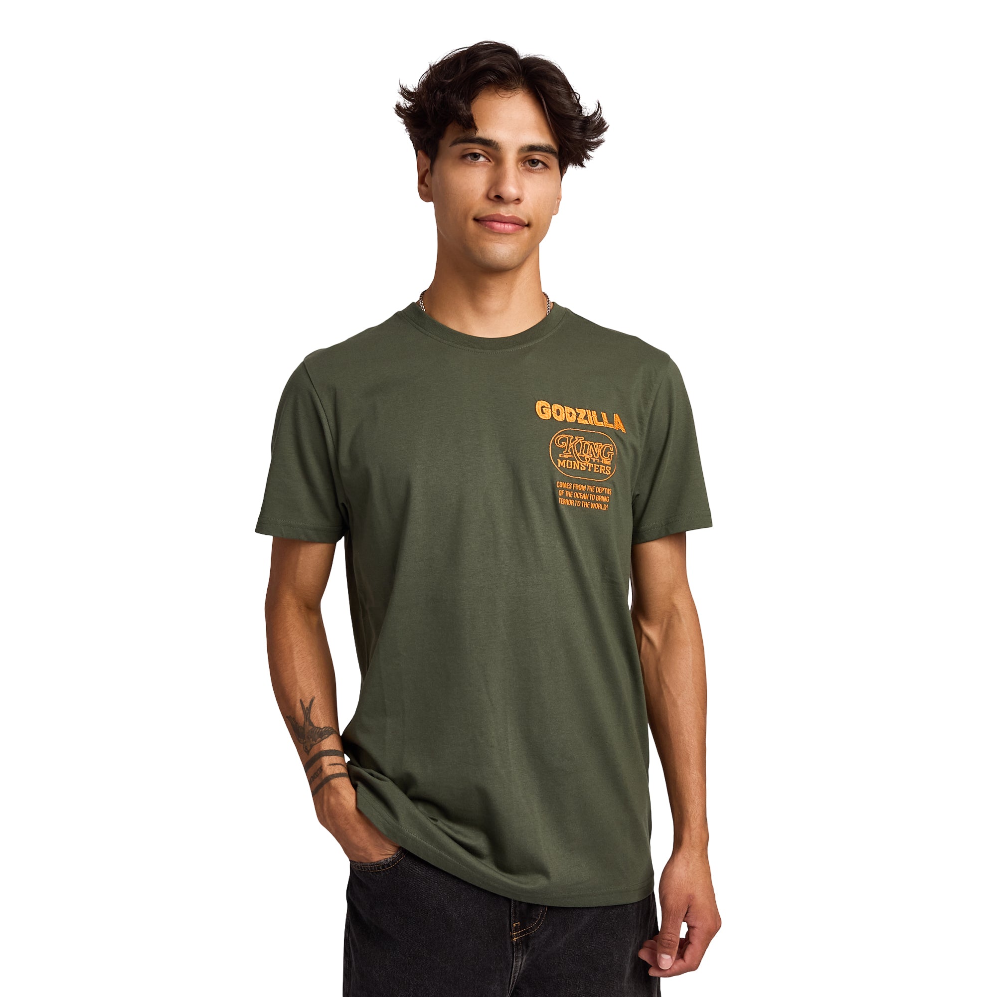 Godzilla King Of Monsters Poster Art Men's Olive Green Crew Neck Short Sleeve T-shirt