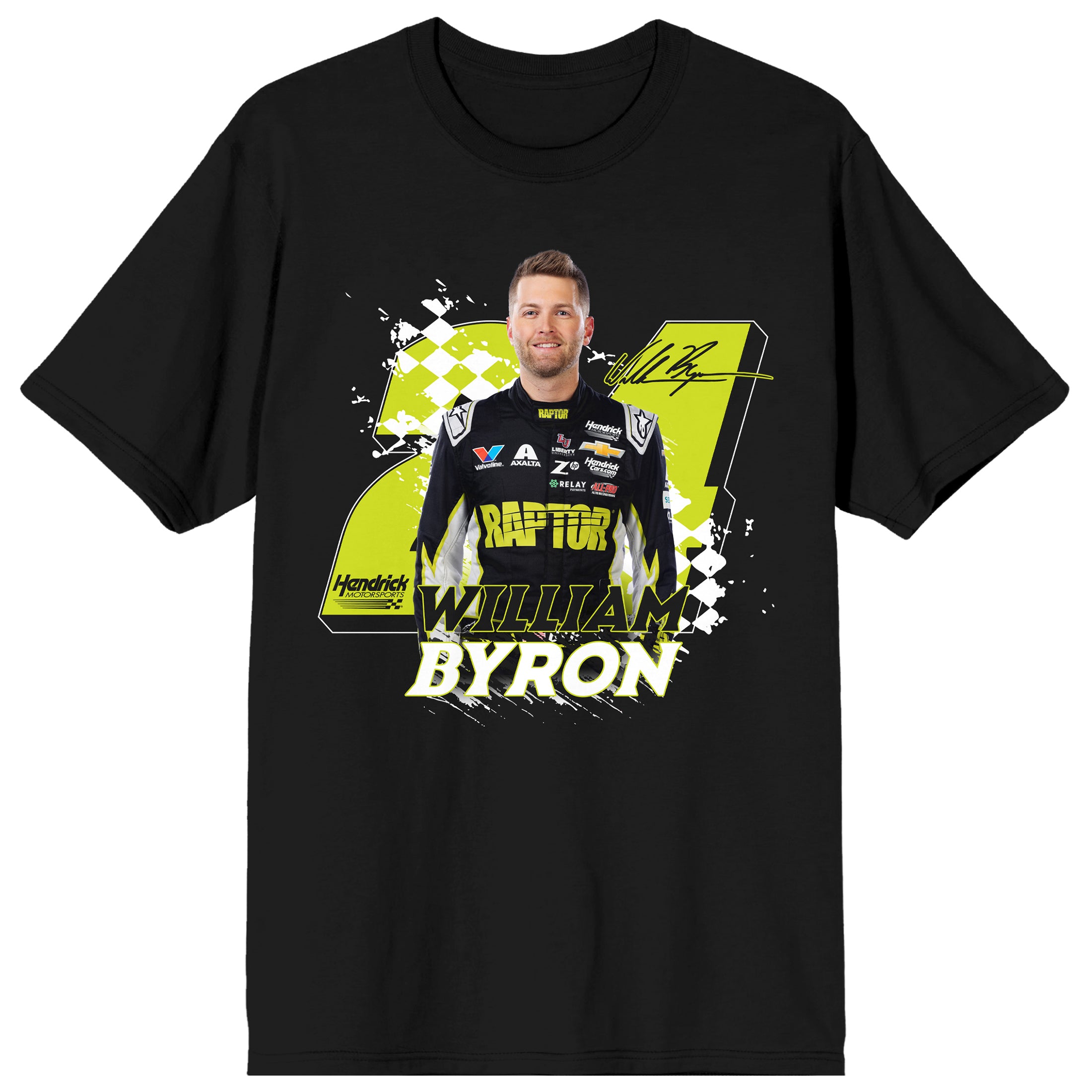 Hendrick - William Byron William Byron standing pose signature Hendrick motorsports logo 24 on black Adult Crew Neck Short Sleeve T-shirt