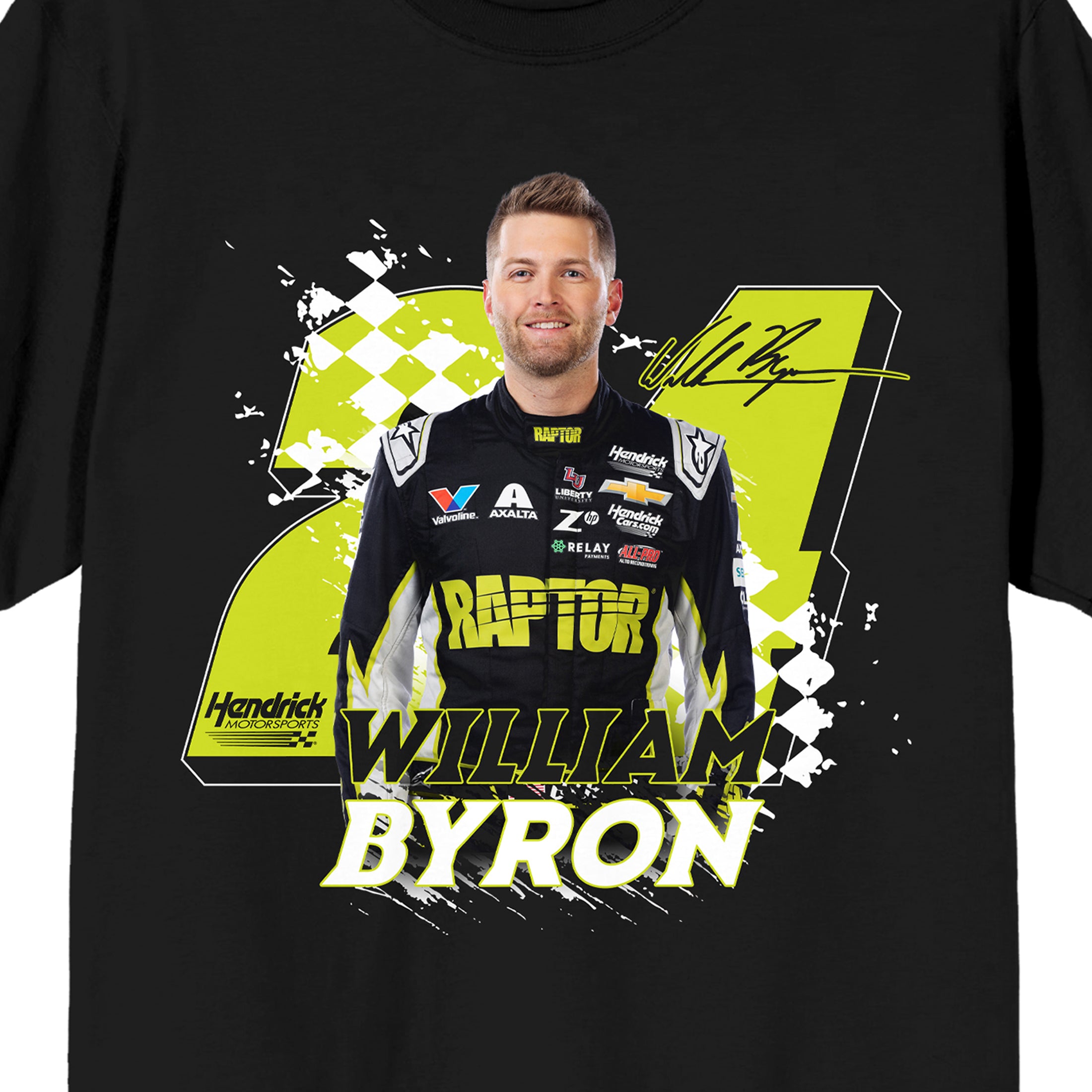 Hendrick - William Byron William Byron standing pose signature Hendrick motorsports logo 24 on black Adult Crew Neck Short Sleeve T-shirt