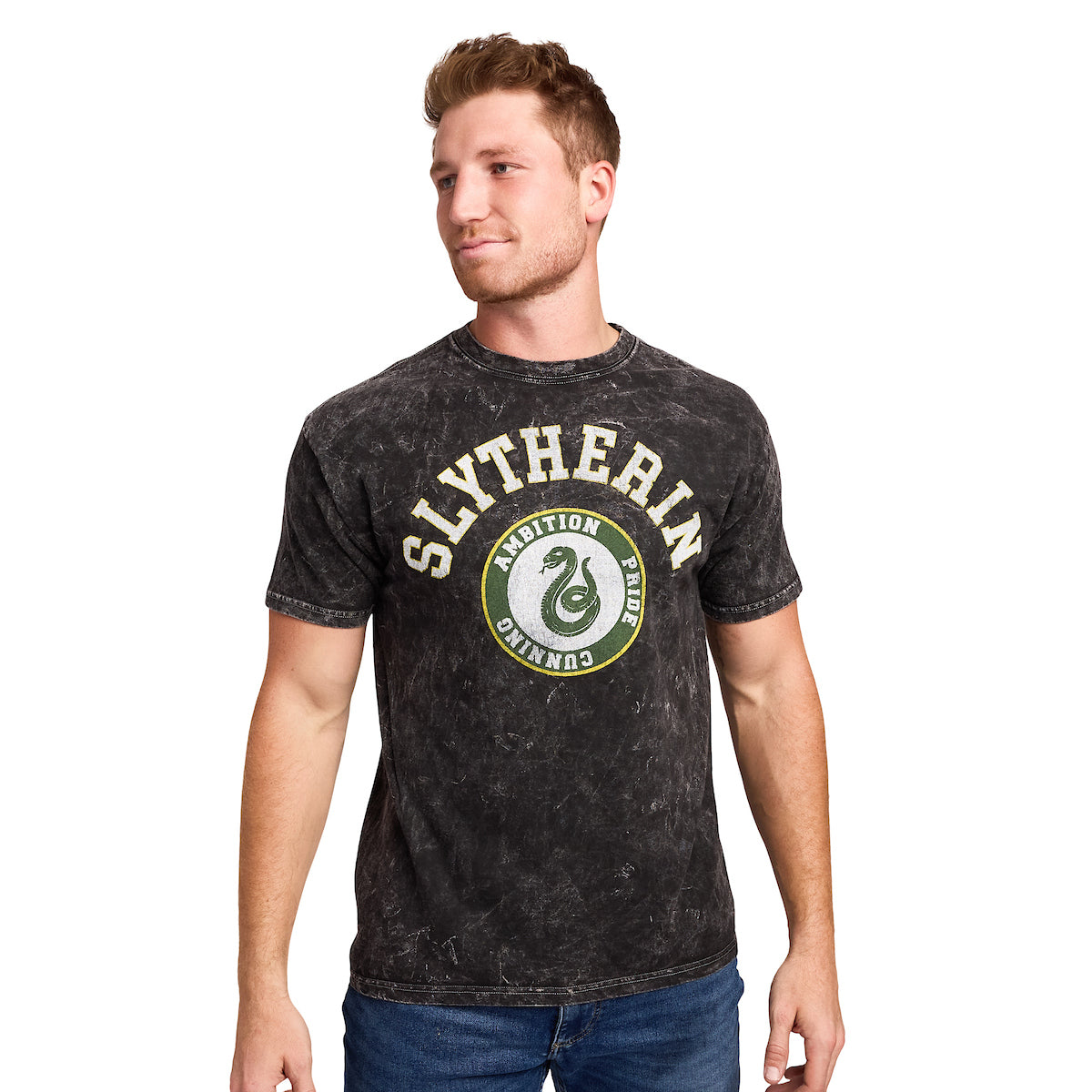 Harry Potter Slytherin Varsity Men's Gray Vintage Mineral Wash Crew Neck Short Sleeve T-shirt