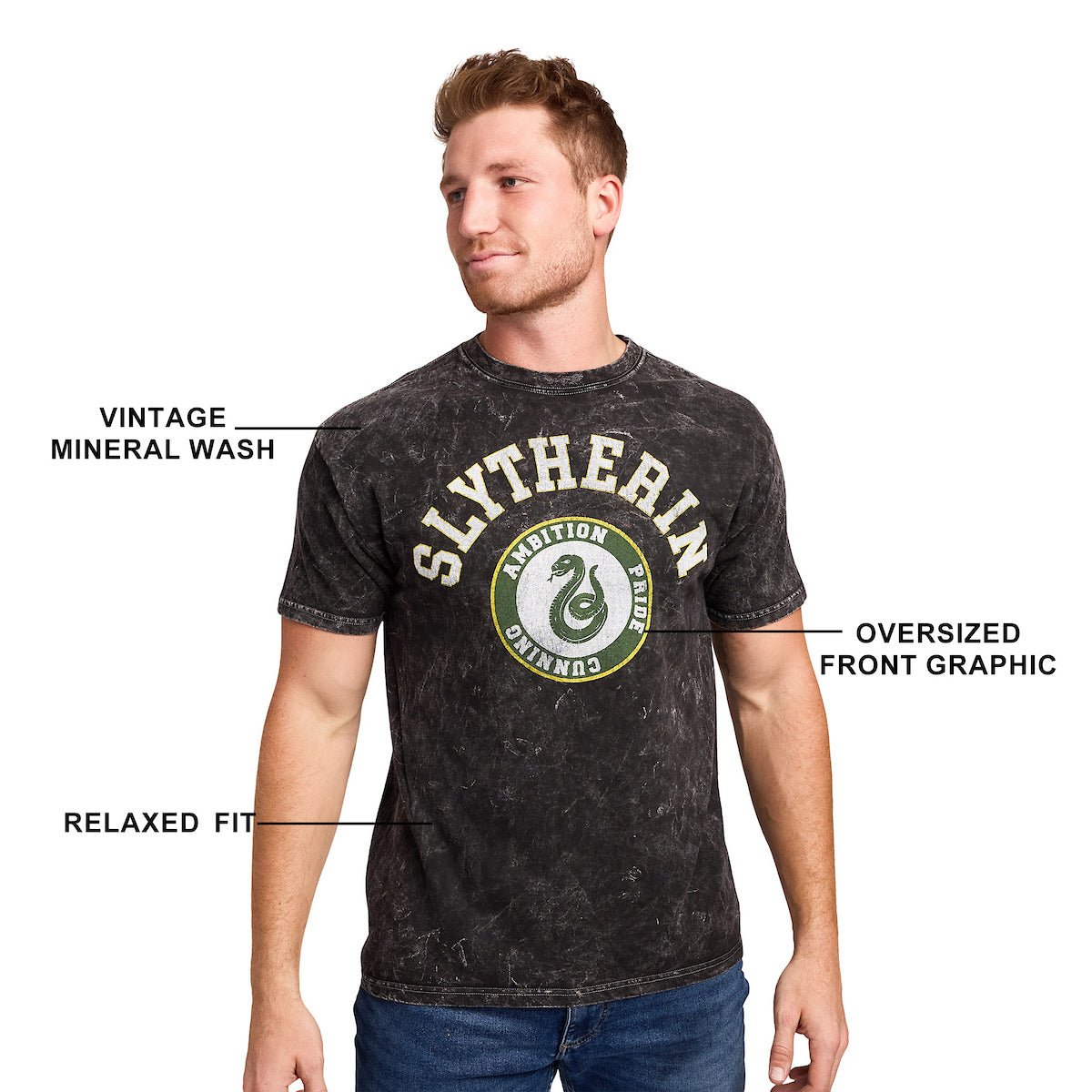 Harry Potter Slytherin Varsity Men's Gray Vintage Mineral Wash Crew Neck Short Sleeve T-shirt