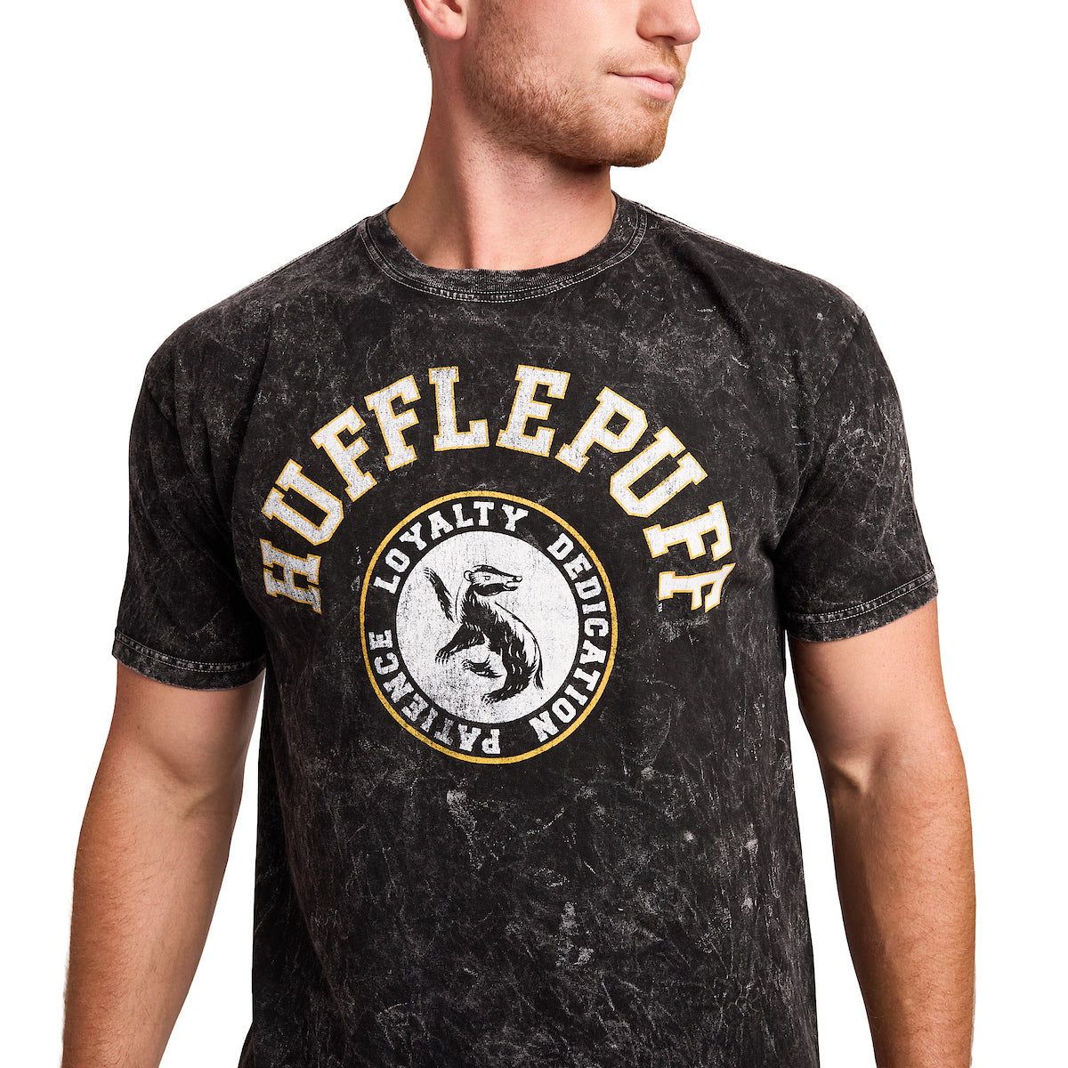 Harry Potter Hufflepuff Varsity Men's Black Vintage Mineral Wash Crew Neck Short Sleeve T-shirt