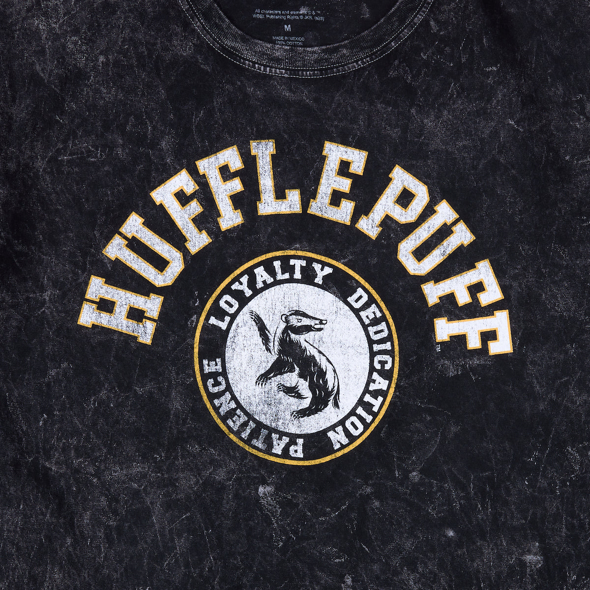 Harry Potter Hufflepuff Varsity Men's Black Vintage Mineral Wash Crew Neck Short Sleeve T-shirt