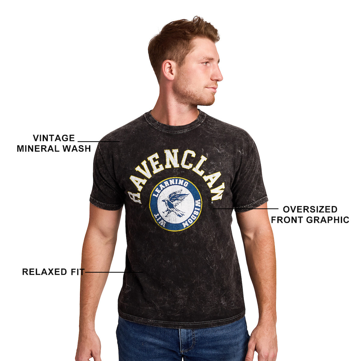 Harry Potter Ravenclaw Varsity Men's Blue Vintage Mineral Wash Crew Neck Short Sleeve T-shirt