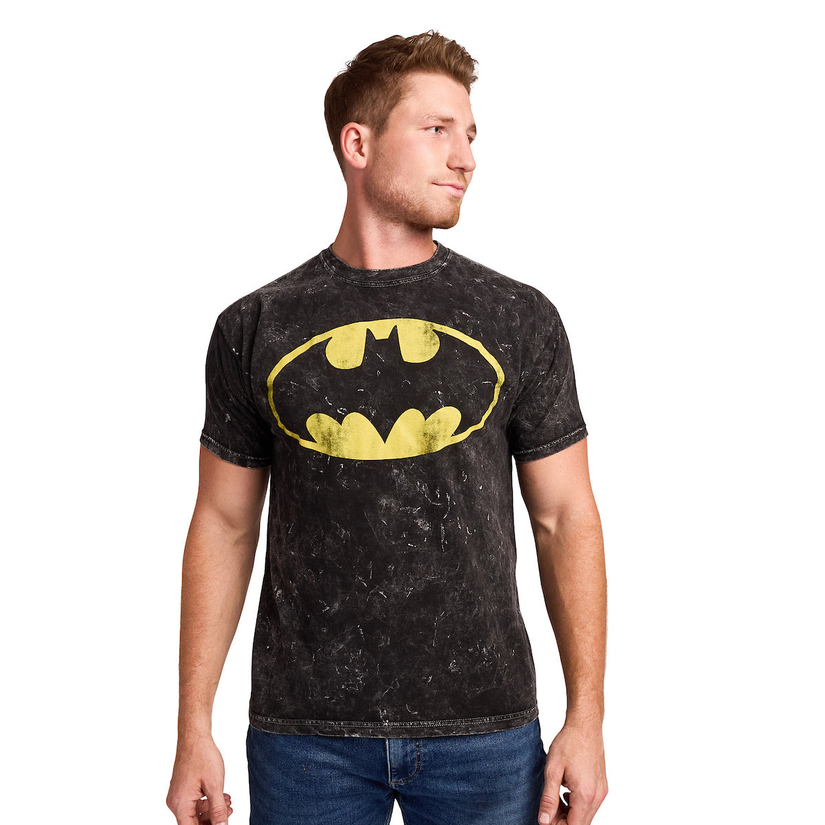 Batman Logo Men's Black Mineral Wash Crew Neck Short Sleeve T-shirt