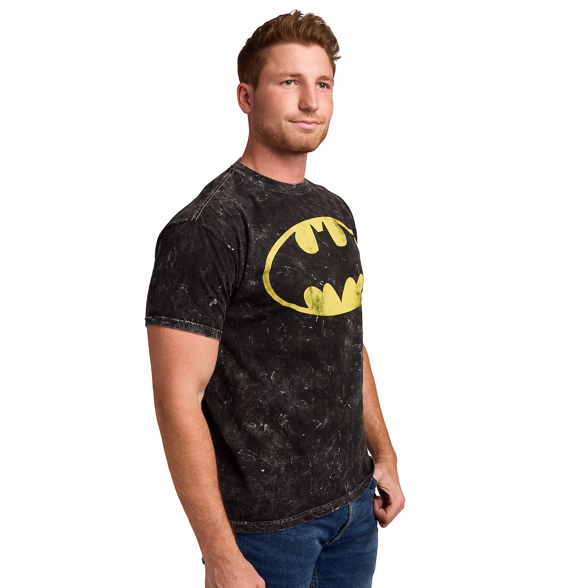 Batman Logo Men's Black Mineral Wash Crew Neck Short Sleeve T-shirt