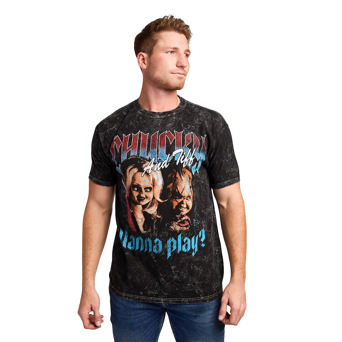 Chucky Tiffany & Chucky Wanna Play Men's Black Mineral Wash Crew Neck Short Sleeve T-shirt