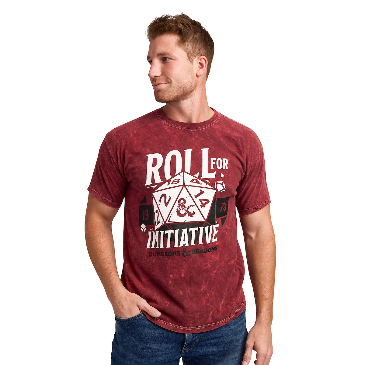 Dungeons & Dragons Roll For Initiative Men's Maroon Mineral Wash Crew Neck Short Sleeve T-shirt