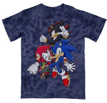 Sonic The Hedgehog Sonic Knuckles & Shadow Men's Dark Blue Mineral Wash Crew Neck Short Sleeve T-shirt