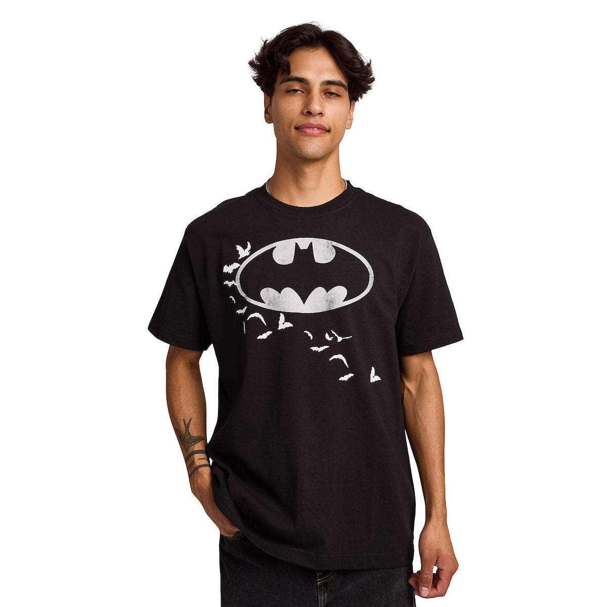 Batman Bats Logo & Portrait Men's Black Oversized Heavyweight Crew Neck Short Sleeve T-shirt