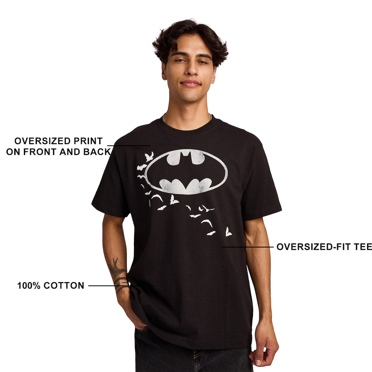 Batman Bats Logo & Portrait Men's Black Oversized Heavyweight Crew Neck Short Sleeve T-shirt