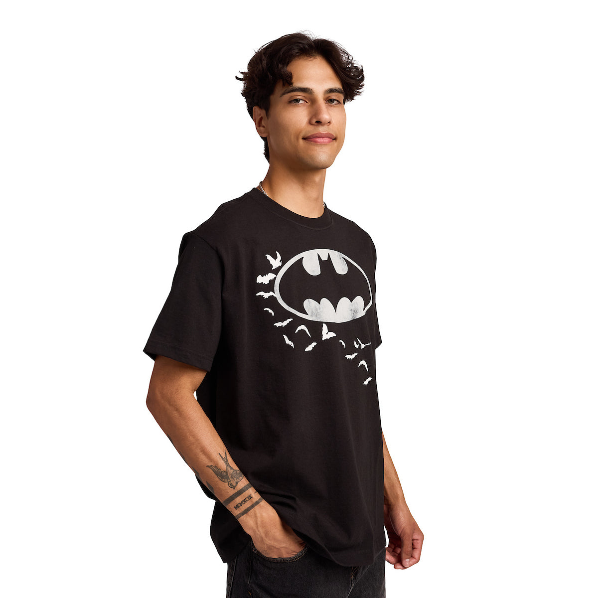 Batman Bats Logo & Portrait Men's Black Oversized Heavyweight Crew Neck Short Sleeve T-shirt