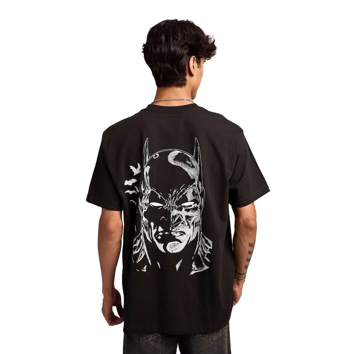 Batman Bats Logo & Portrait Men's Black Oversized Heavyweight Crew Neck Short Sleeve T-shirt