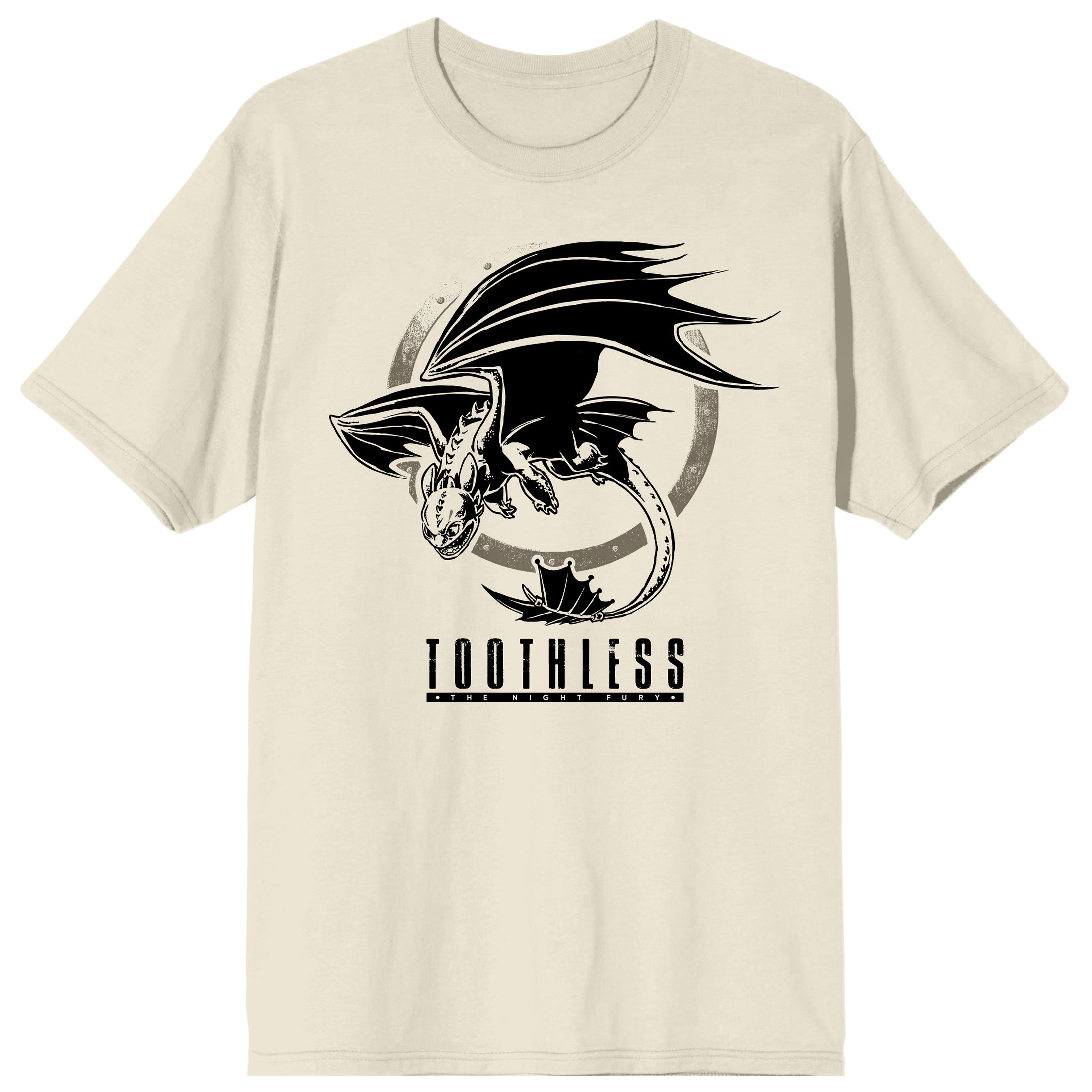 How to Train Your Dragon Franchise Black Vector Graphic of Toothless Shield Rim Toothless Text on Natural Ground Adult White Crew Neck Short Sleeve T-shirt