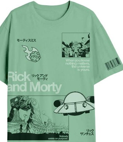 Rick & Morty Multi Graphic Print on Men's Green Short Sleeve Tee