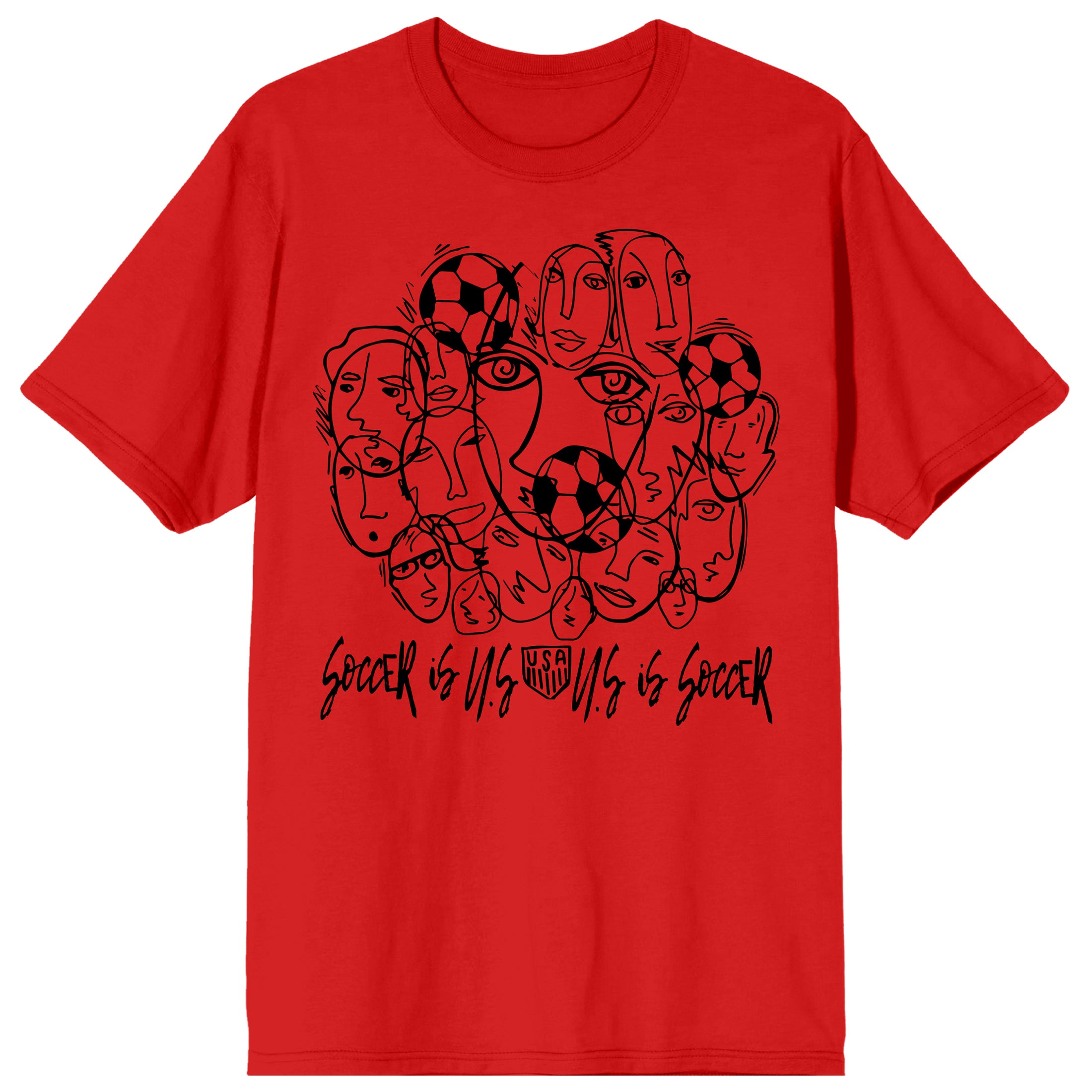 USSF USA Logo Line Art of Faces & Soccer Balls Adult Red Short Sleeve T-Shirt