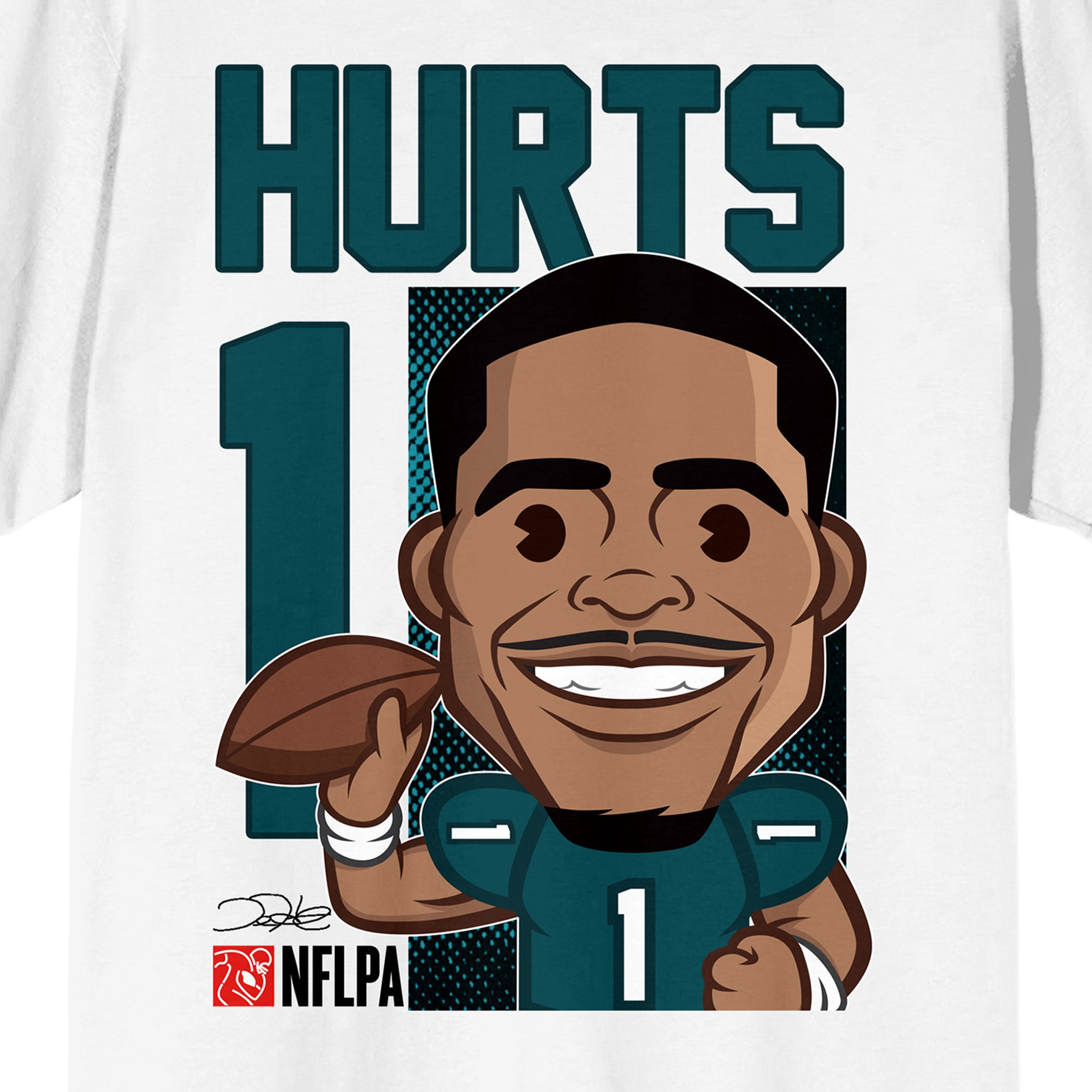 NFLPA Jalen Hurts Caricature Number 1 and Signature Men's White Crew Neck Short Sleeve Tshirt