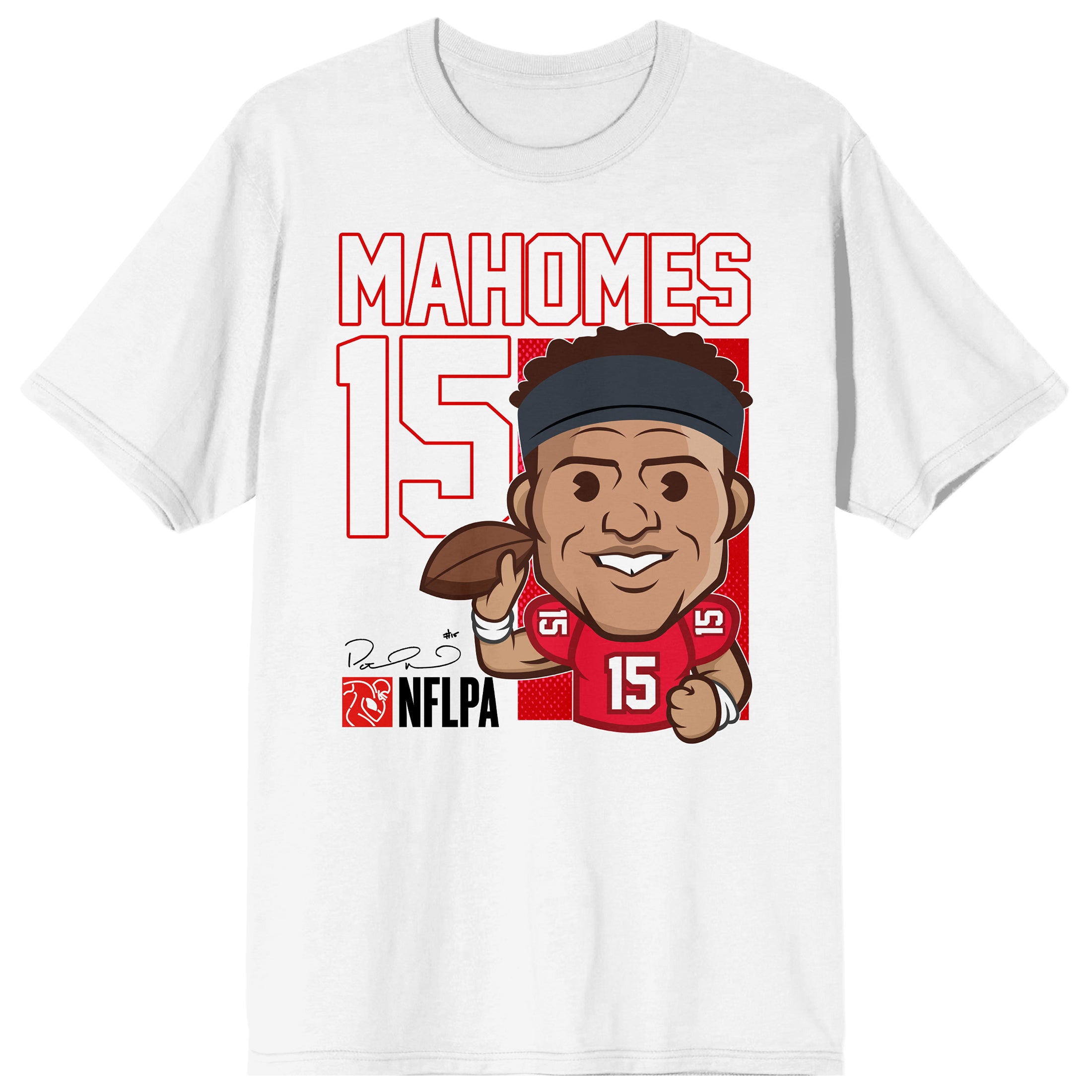 NFLPA Patrick Mahomes 15 Caricature Adult White Crew Neck Short Sleeve T-shirt
