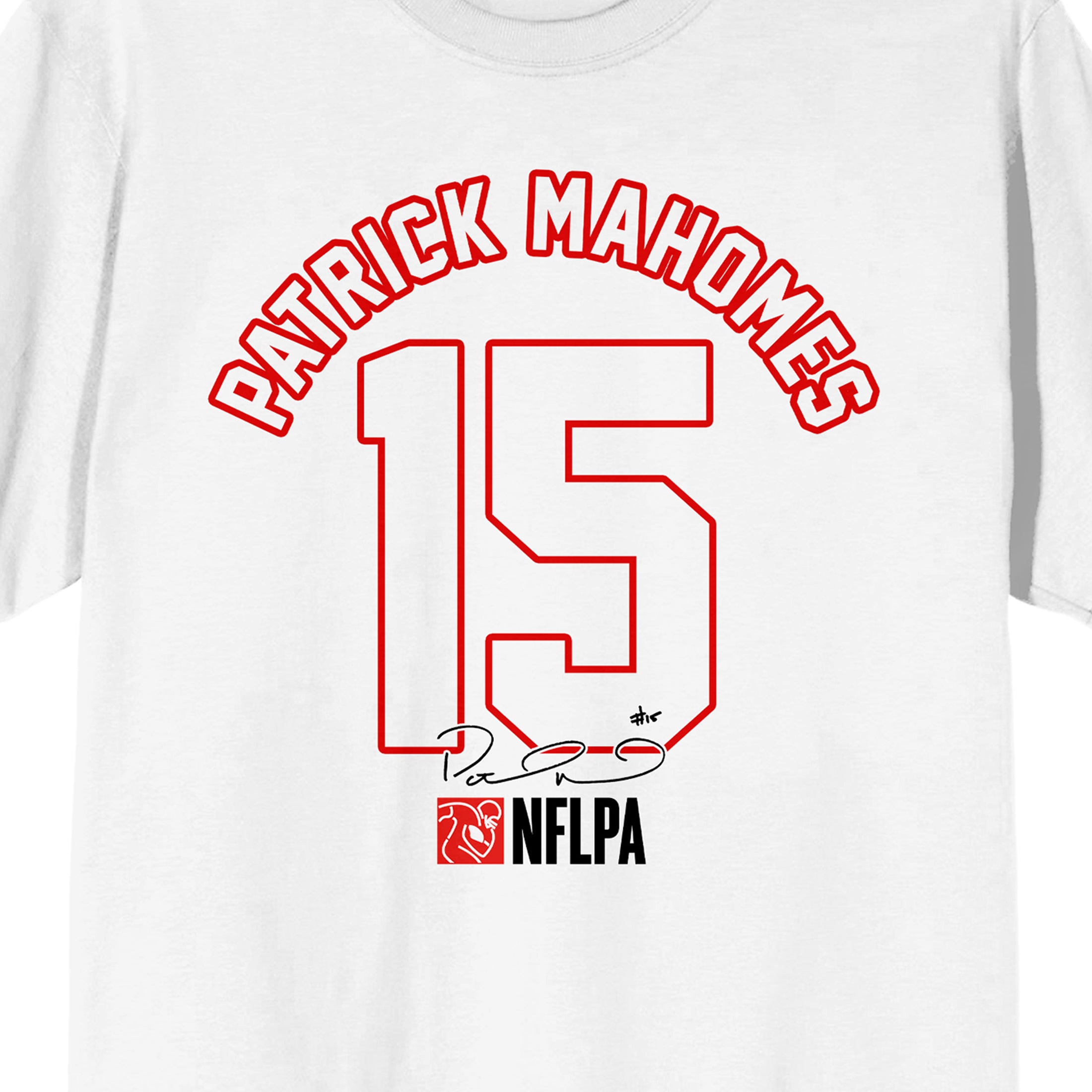 NFLPA Patrick Mahomes 15 Signature Adult White Crew Neck Short Sleeve T-shirt