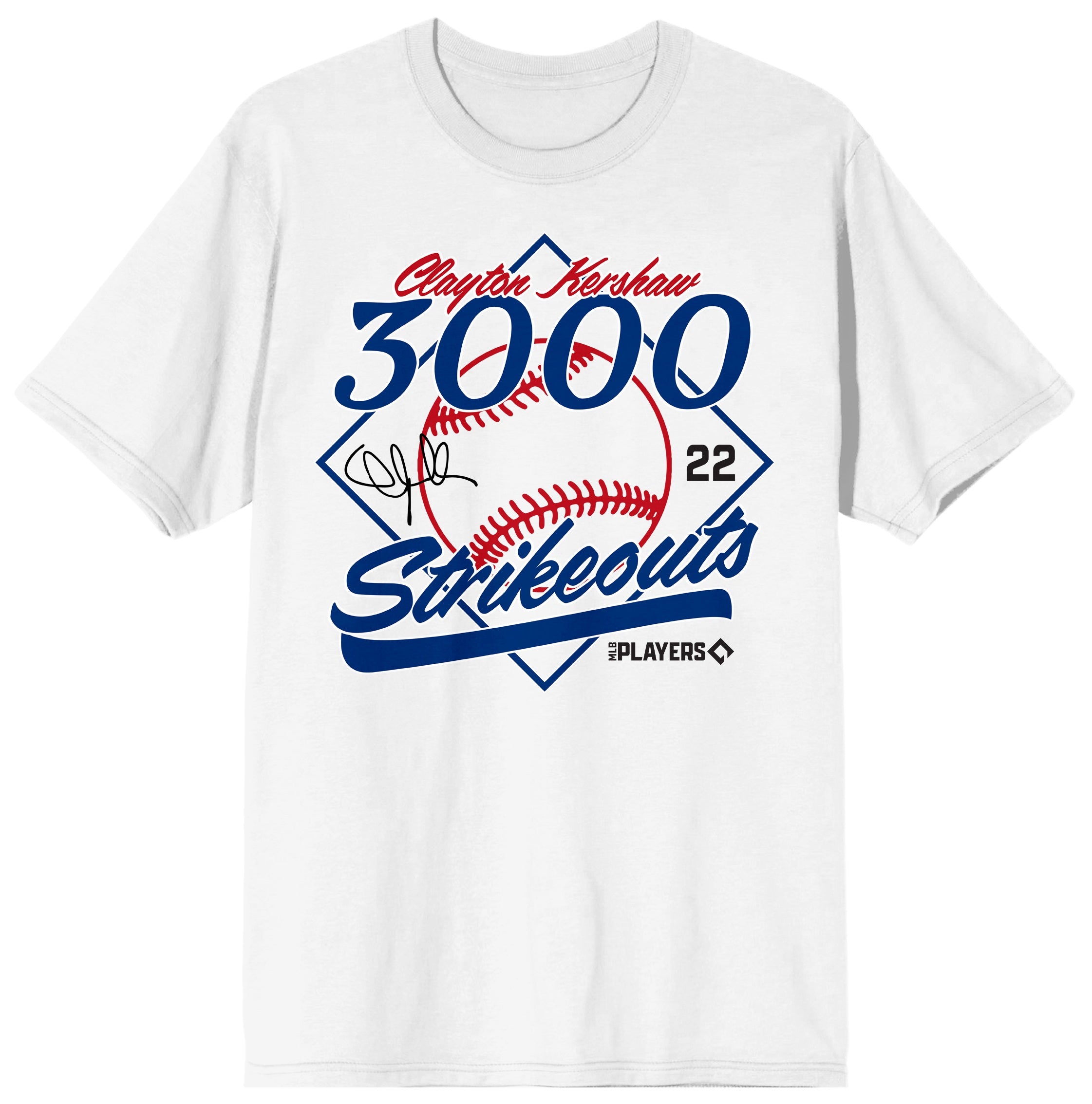 Clayton Kershaw, 3000 Strike outs, 22 on White Short Sleeve Adult T-Shirt