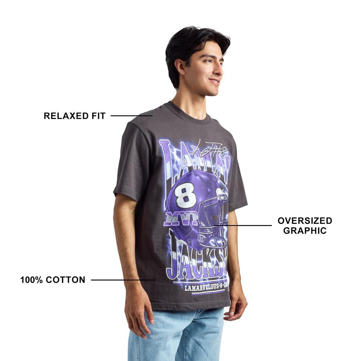 NFLPA Lamar Jackson Lamarvelous QB1 Charcoal Tee for Men