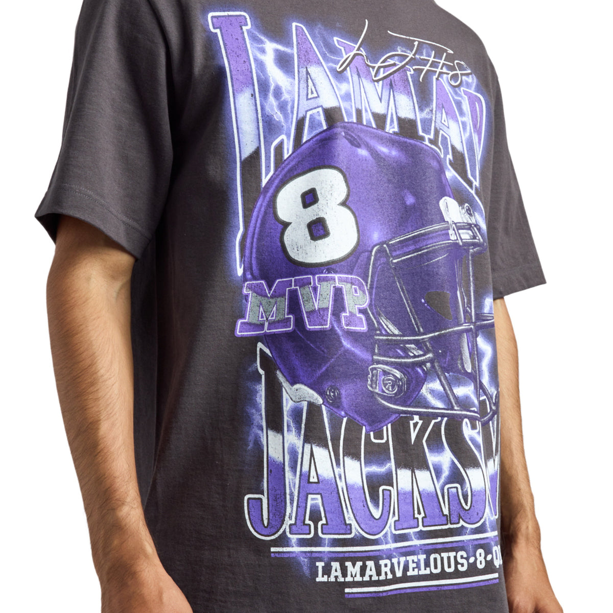 NFLPA Lamar Jackson Lamarvelous QB1 Charcoal Tee for Men