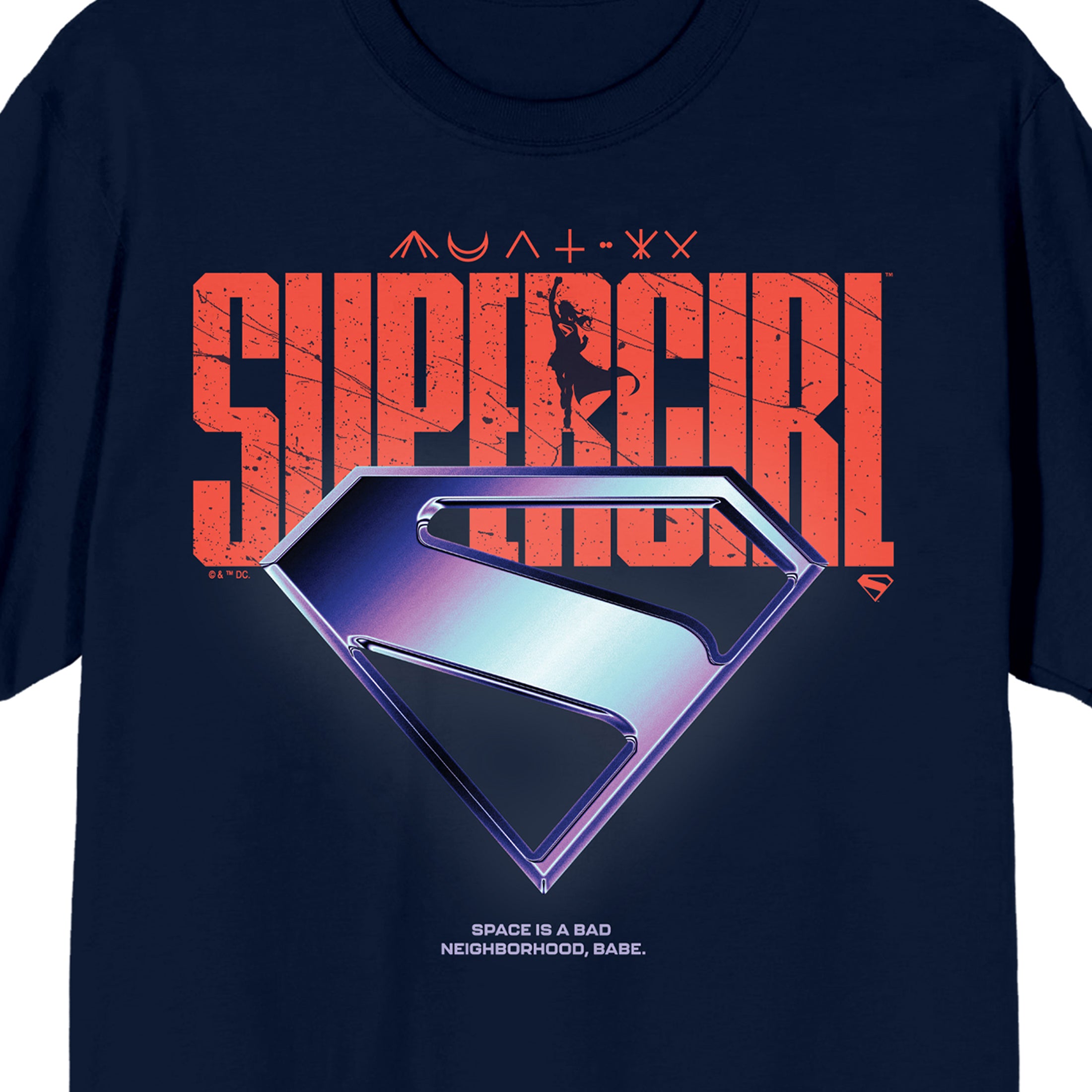 Supergirl Movie (2026) Space Is A Bad Neighborhood Chrome Logo Men’s Navy Crew Neck Short Sleeve T-shirt