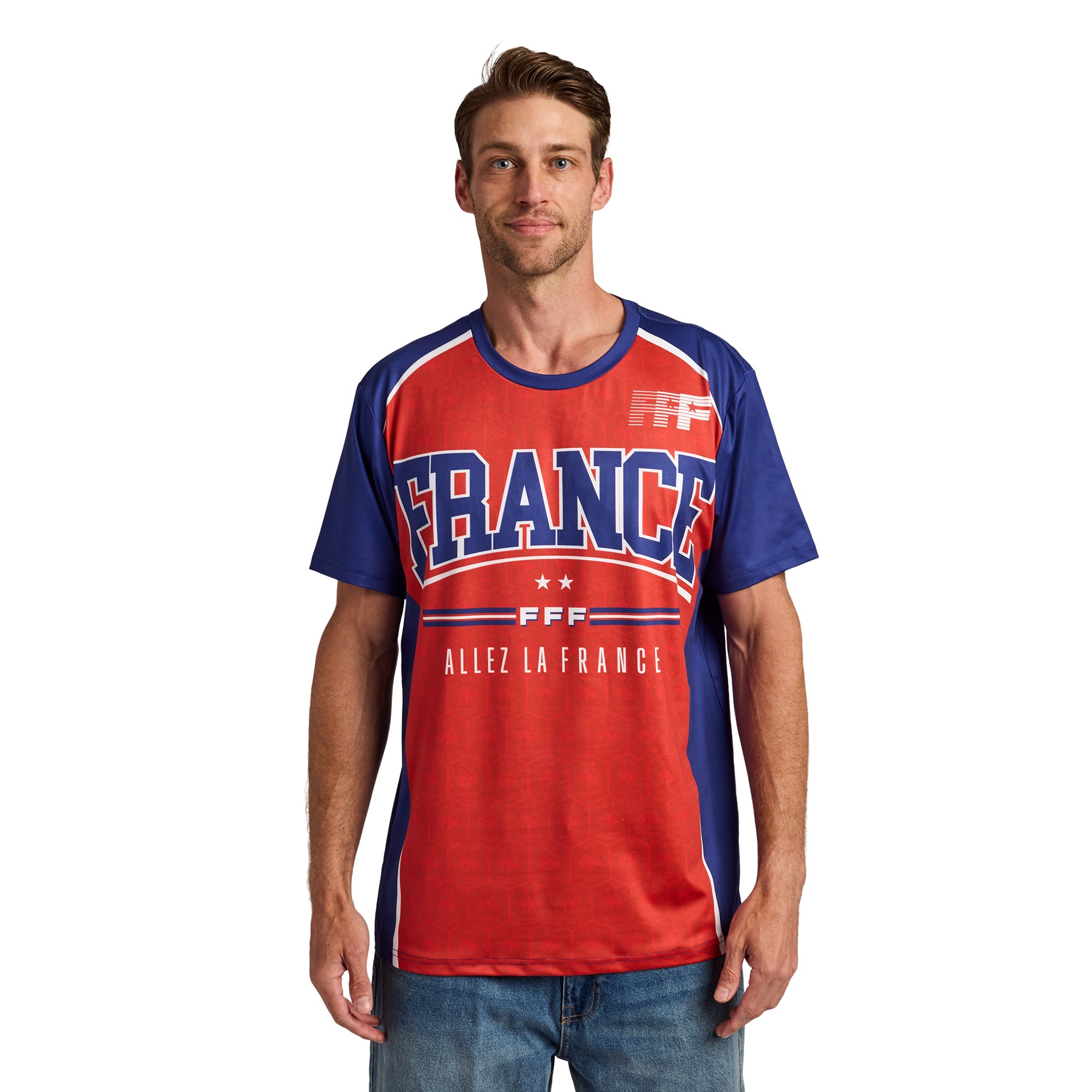 France Soccer Federation France Jersey Men’s Red & Blue Crew Neck Short Sleeve T-shirt