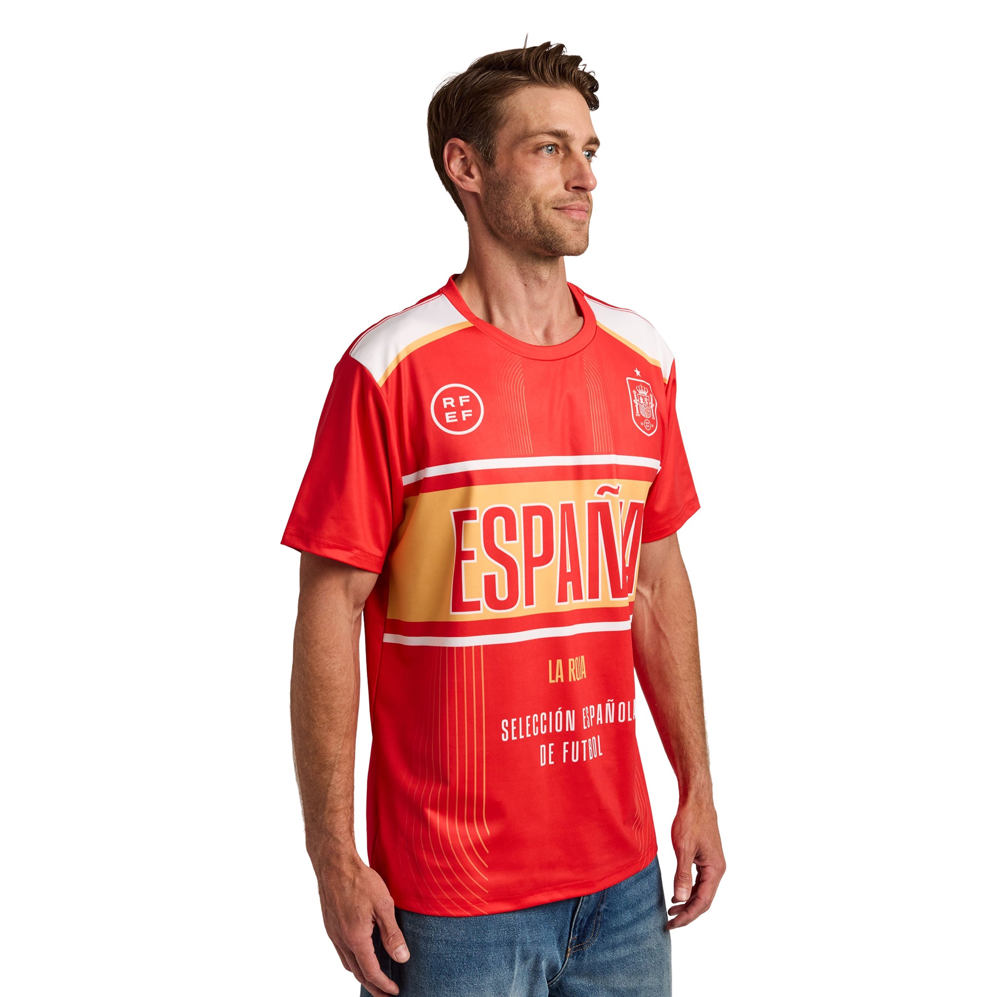 Spain Soccer Federation Espana Jersey Men’s Red & Blue Crew Neck Short Sleeve T-shirt