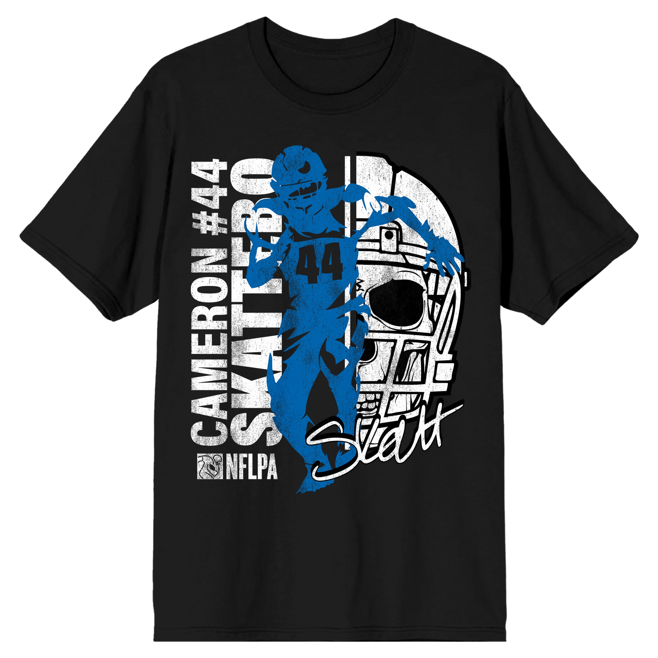 NFLPA Cameron Skattebo 44 Skull Hemet Adult Black Crew Neck Short Sleeve T-shirt