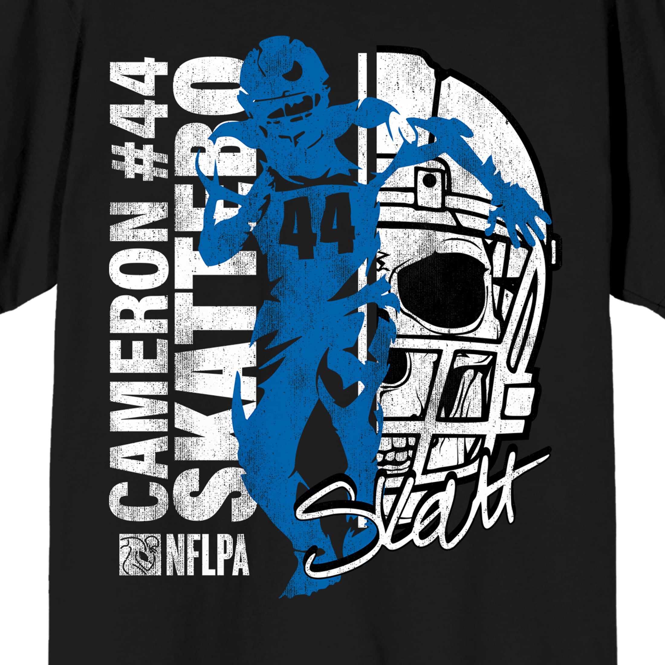 NFLPA Cameron Skattebo 44 Skull Hemet Adult Black Crew Neck Short Sleeve T-shirt