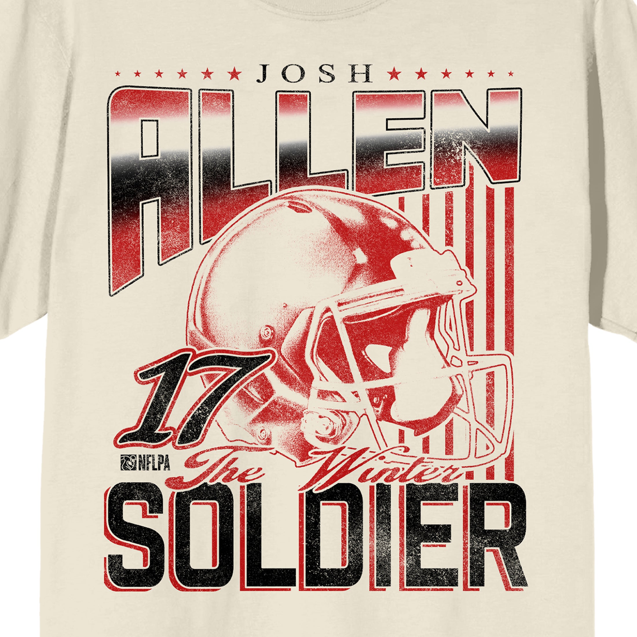 Bioworld NFLPA Josh Allen Men's Graphic Tee | Vintage Distressed Soldier Design | Number 17 | Officially Licensed Short Sleeve Crew Neck T-Shirt