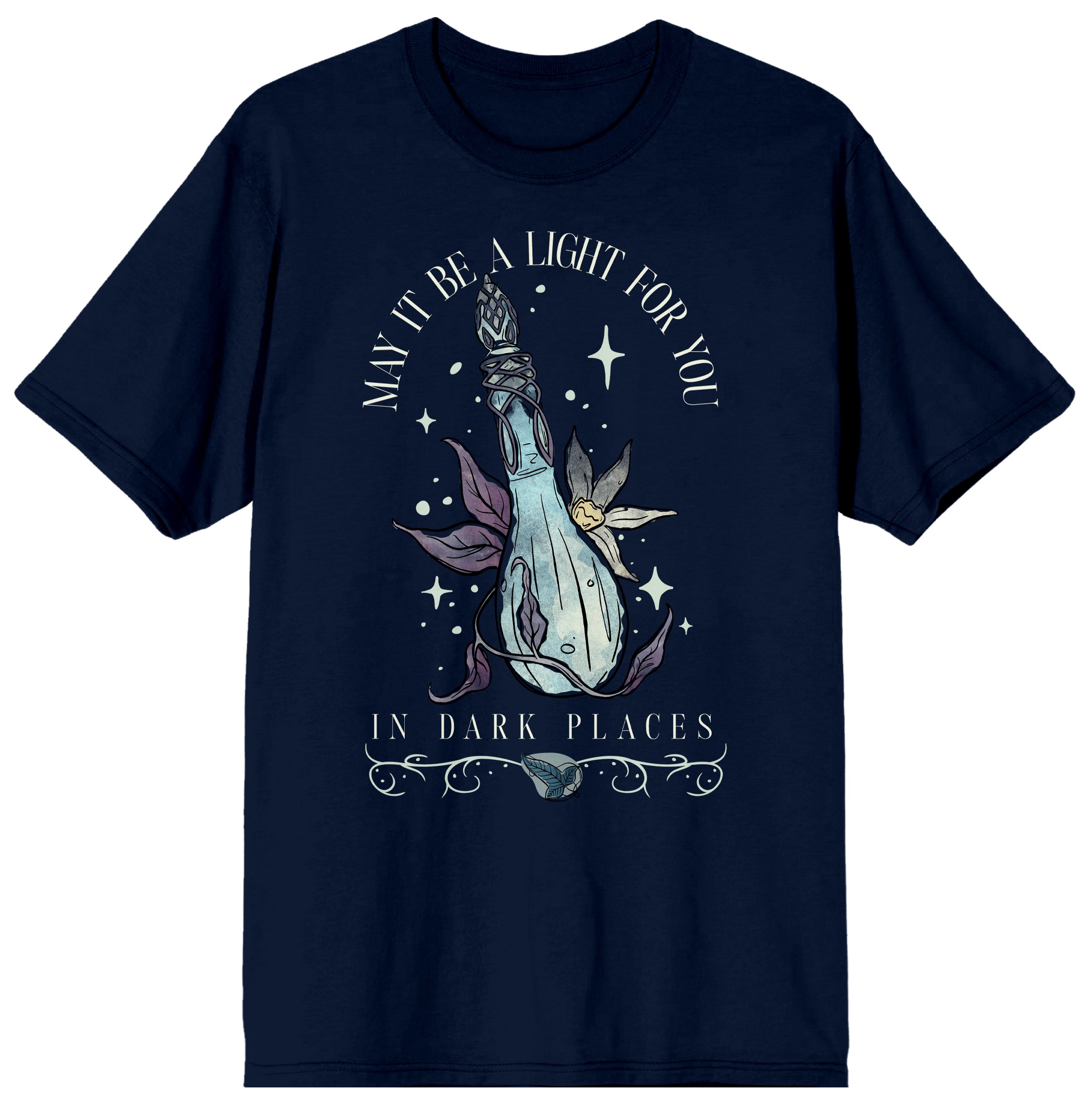 Lord Of The Rings May It Be A Light For You In Dark Places Adult Navy Crew Neck Short Sleeve T-shirt