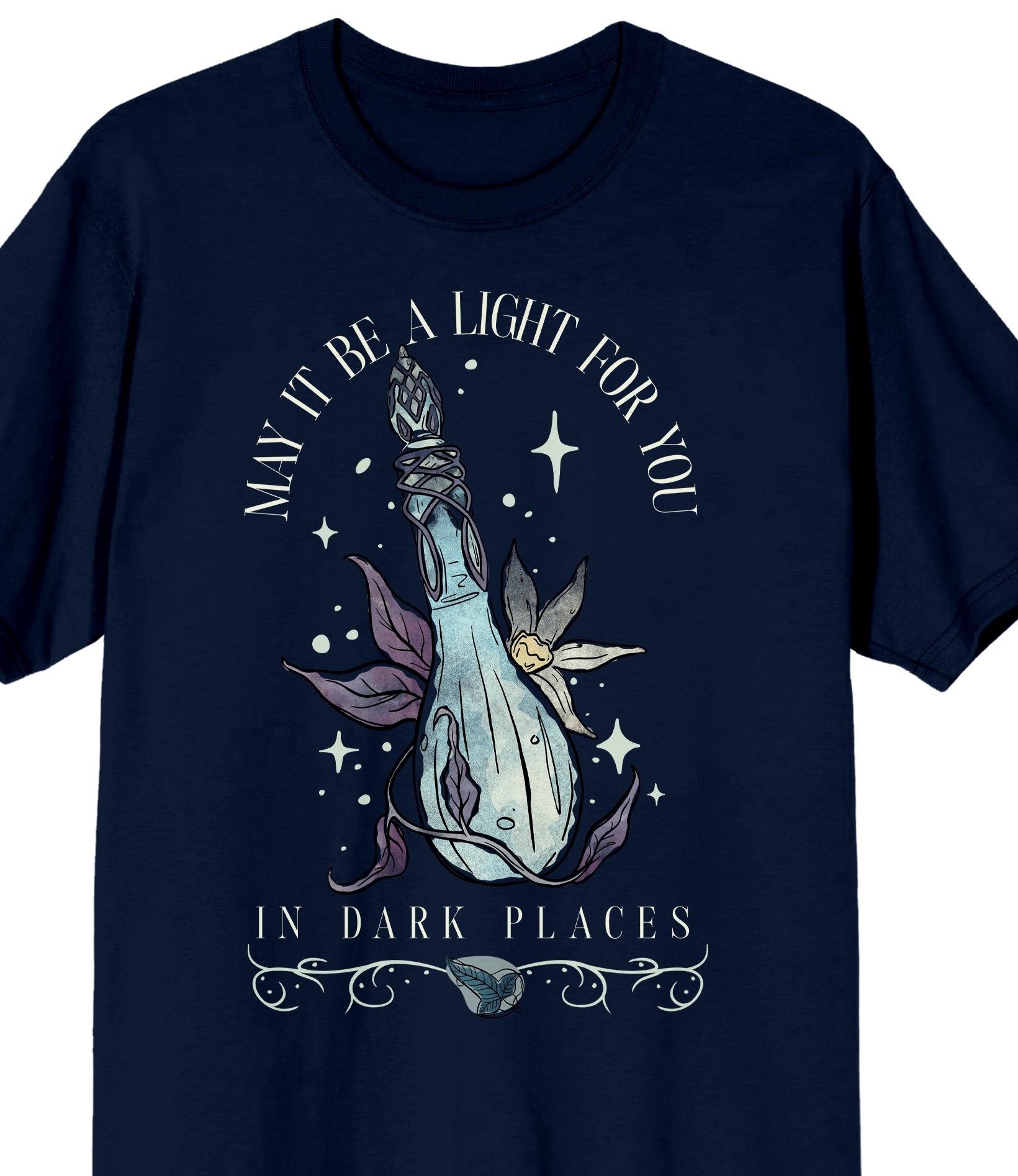 Lord Of The Rings May It Be A Light For You In Dark Places Adult Navy Crew Neck Short Sleeve T-shirt
