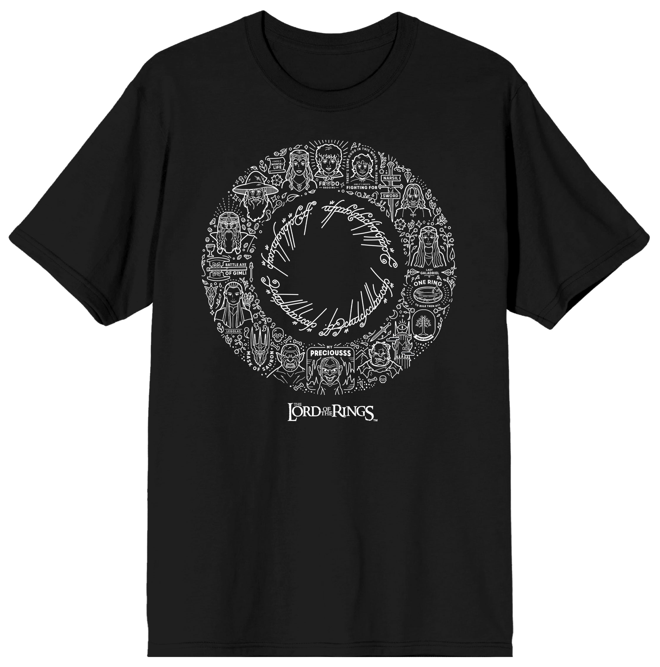 Lord Of The Rings Character Doodles In A Circle Men's Black Crew Neck Short Sleeve Tee