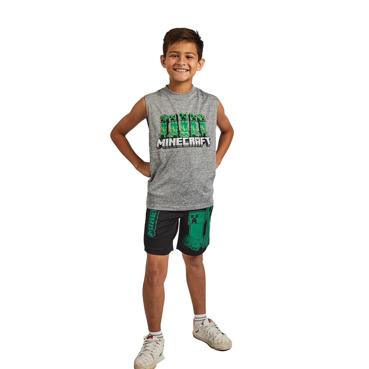 Minecraft 3-Pack Boy's Green Short Sleeve Tee, Gray Muscle Tank, Black Athletic Shorts Set