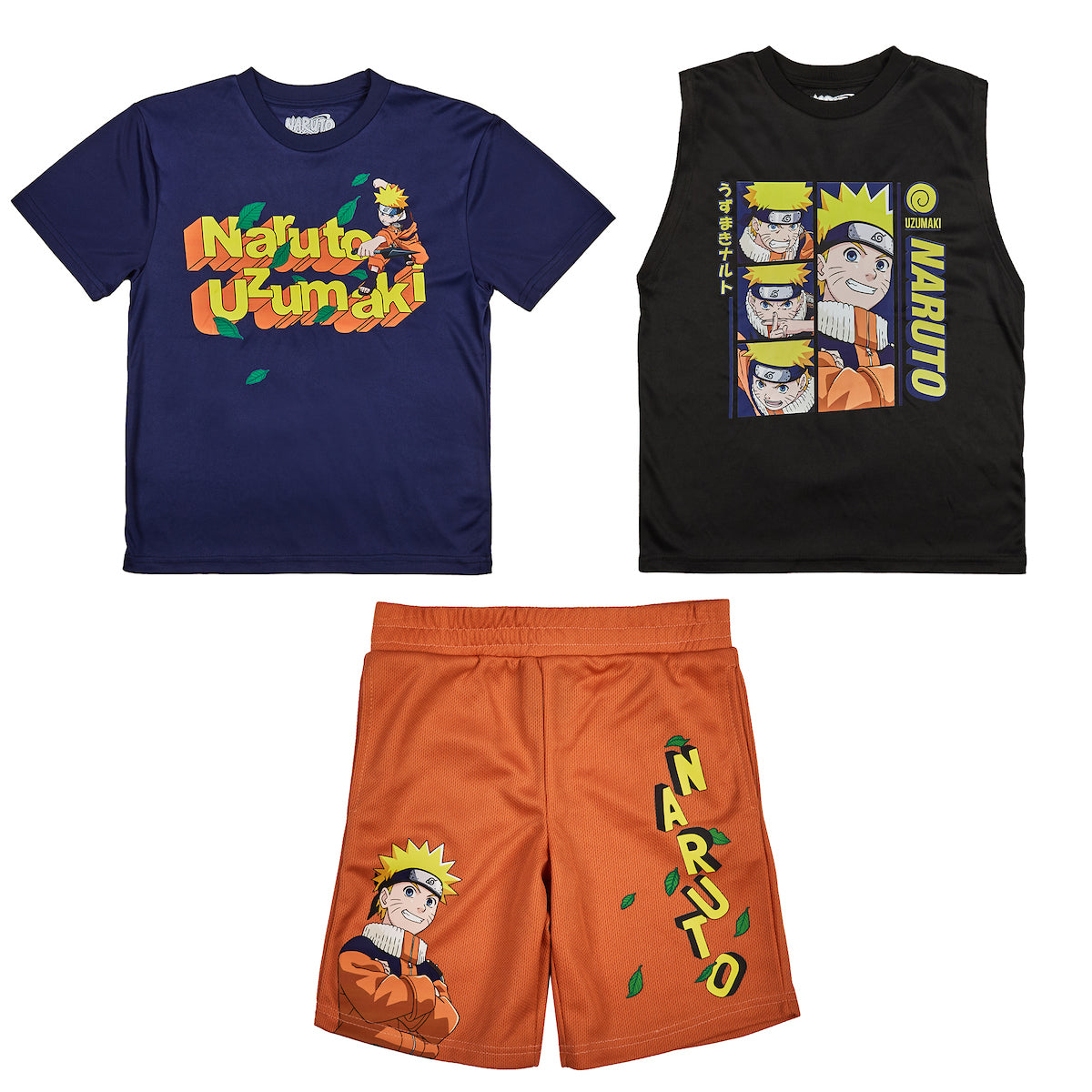 Naruto 3-Pack Boy's Blue Short Sleeve Tee, Black Muscle Tank, Orange Athletic Shorts Set