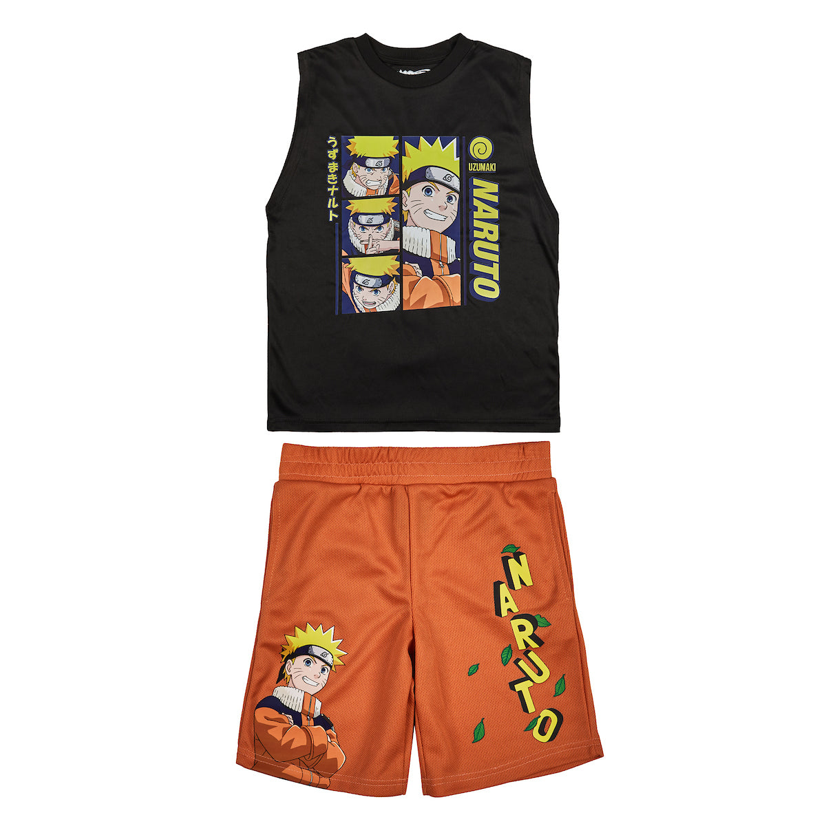 Naruto 3-Pack Boy's Blue Short Sleeve Tee, Black Muscle Tank, Orange Athletic Shorts Set