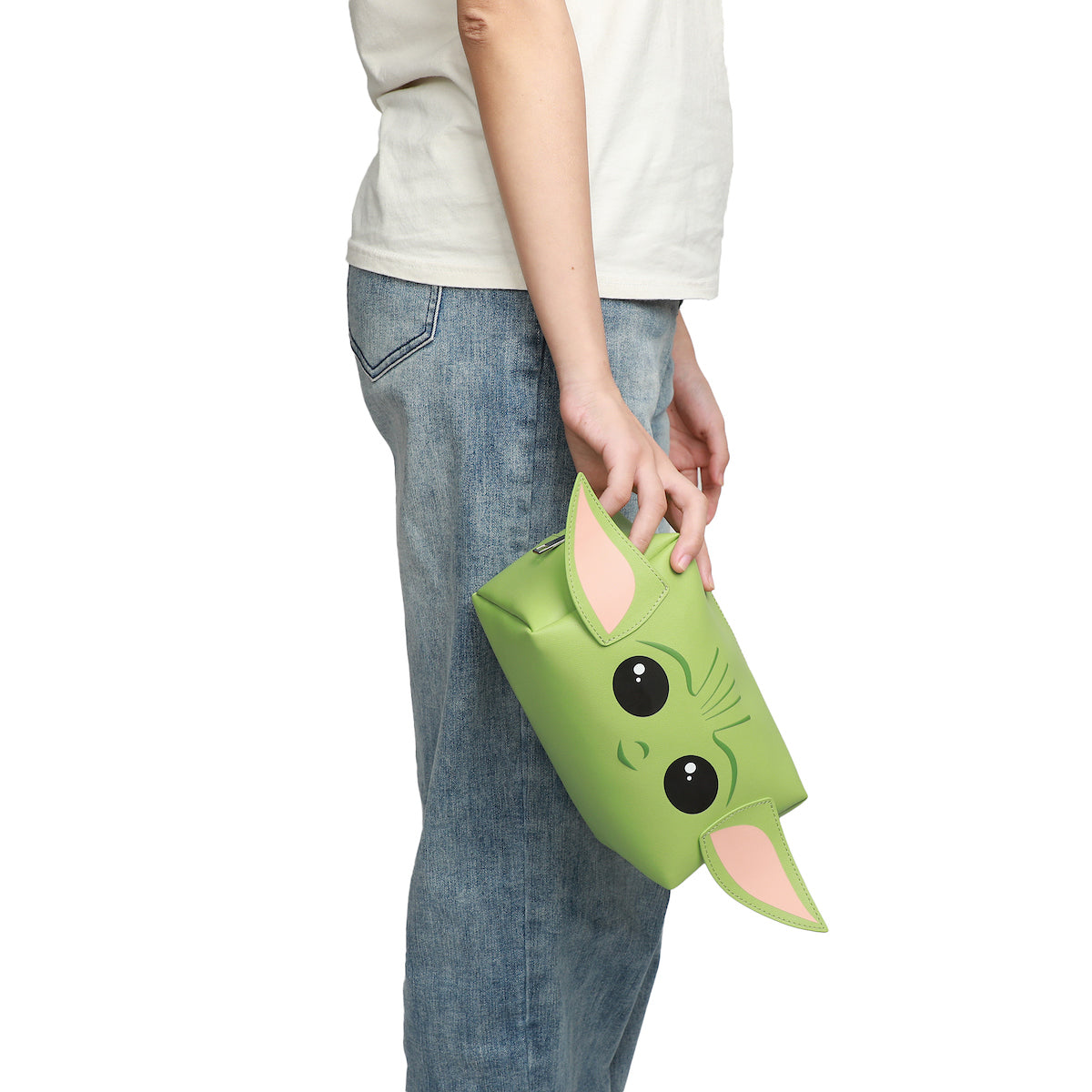 Big Face Grogu with Applique Ears on Green PU Cosmetic Bag