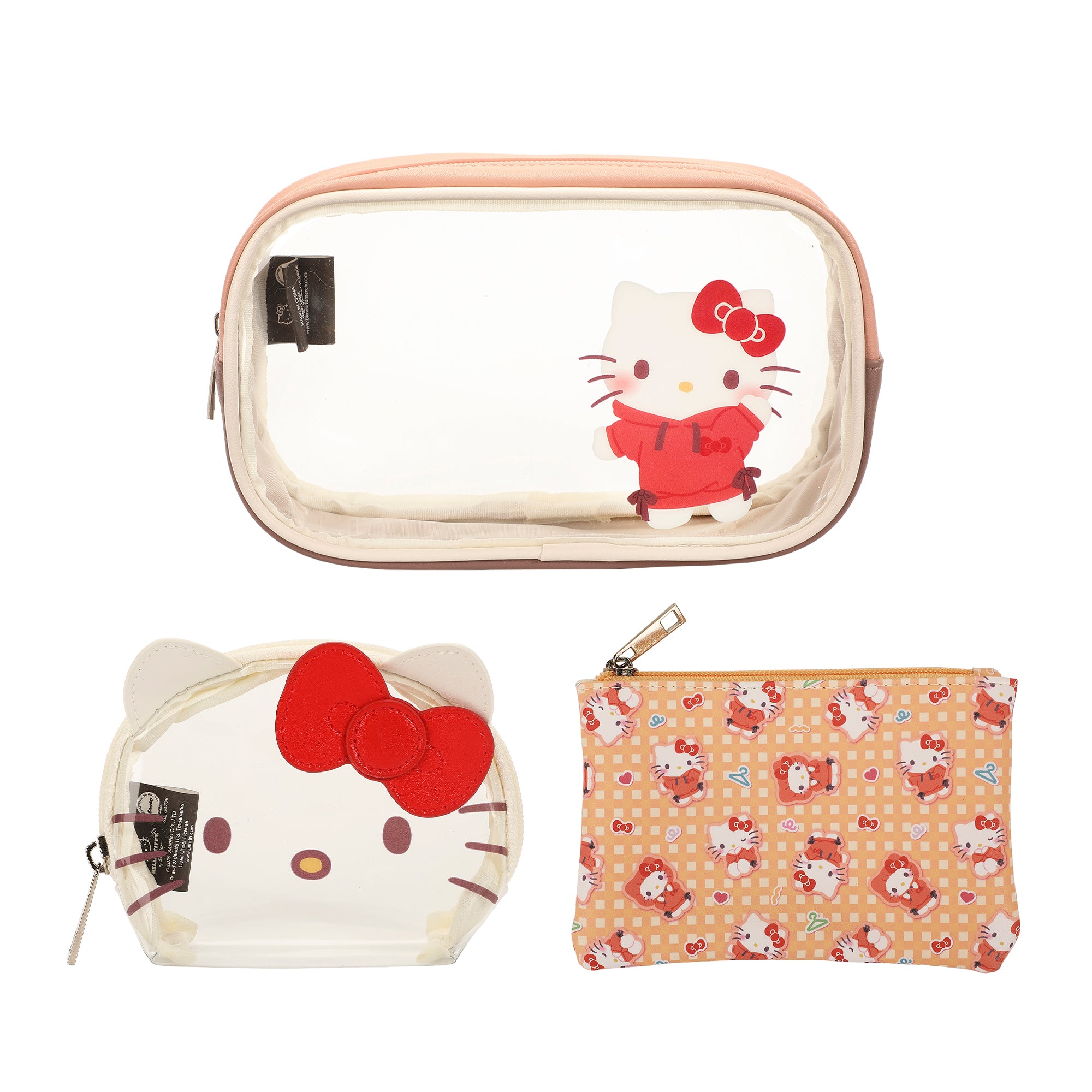 Sanrio Hello Kitty 3-Piece Cosmetic Bag Set with Pattern Print and Zipper Closure