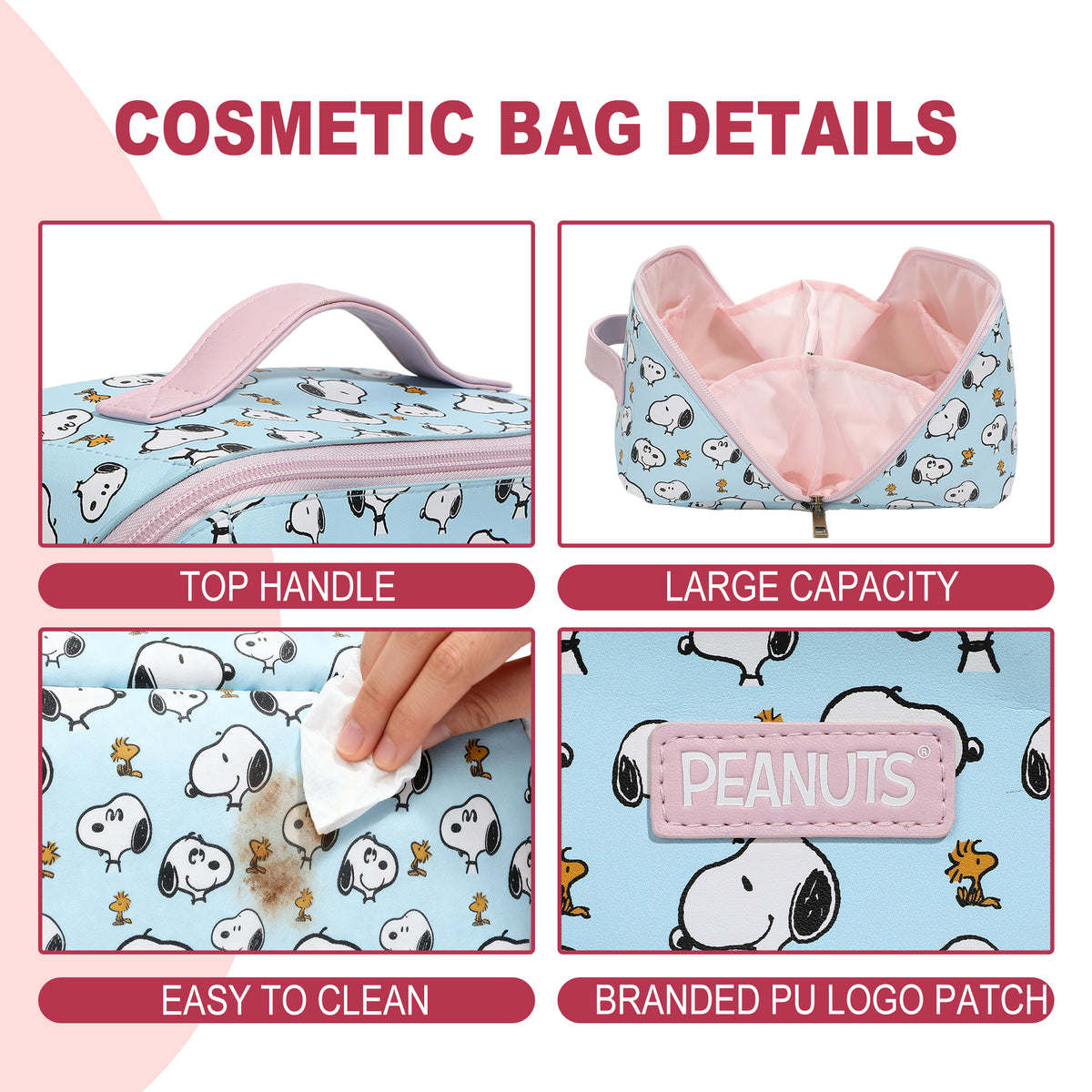 Peanuts Snoopy Woodstock Sky Blue PU Cosmetic Bag for Women