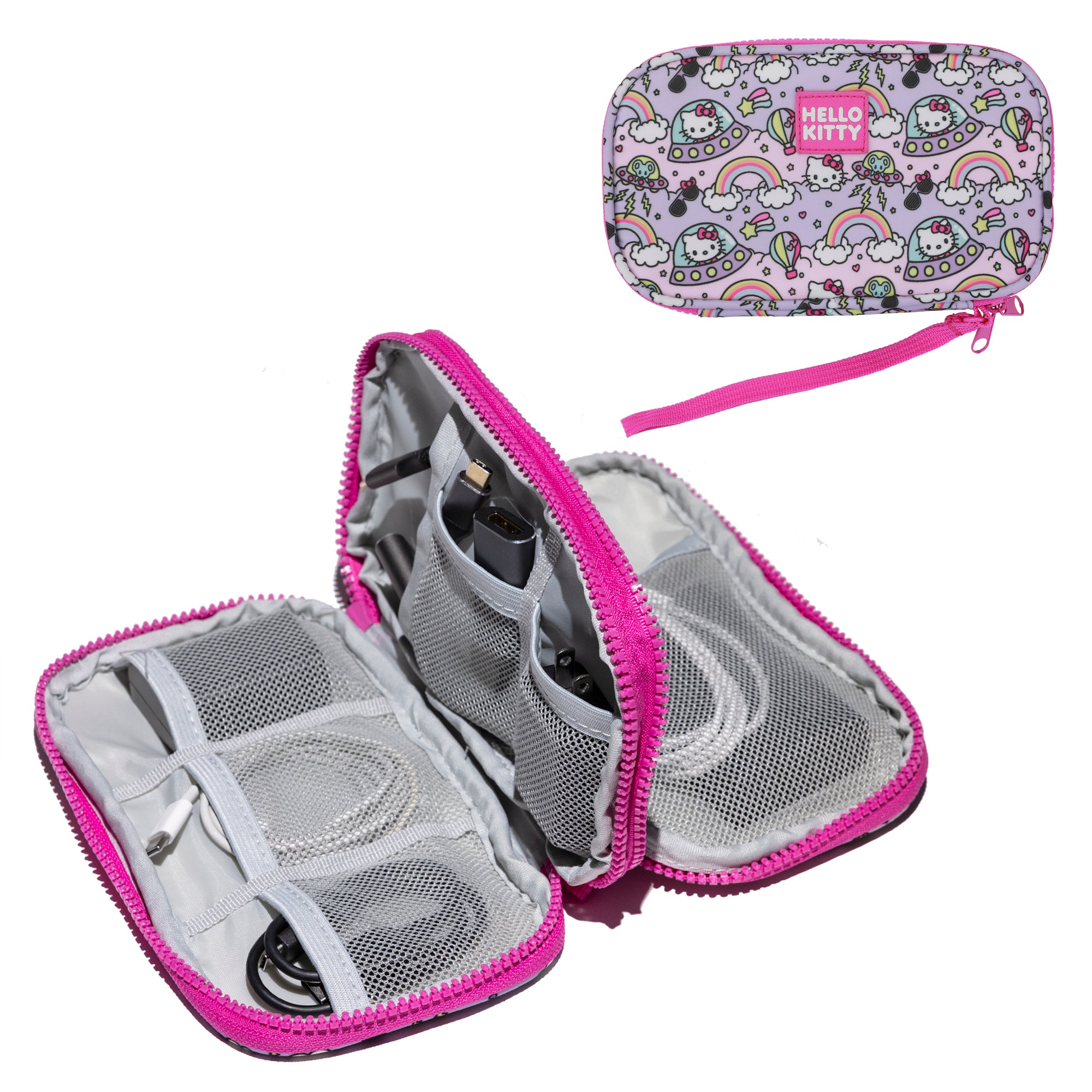 Hello Kitty Flying Saucer Print 4" Pink & Purple Tech Cable Organizer Travel Case
