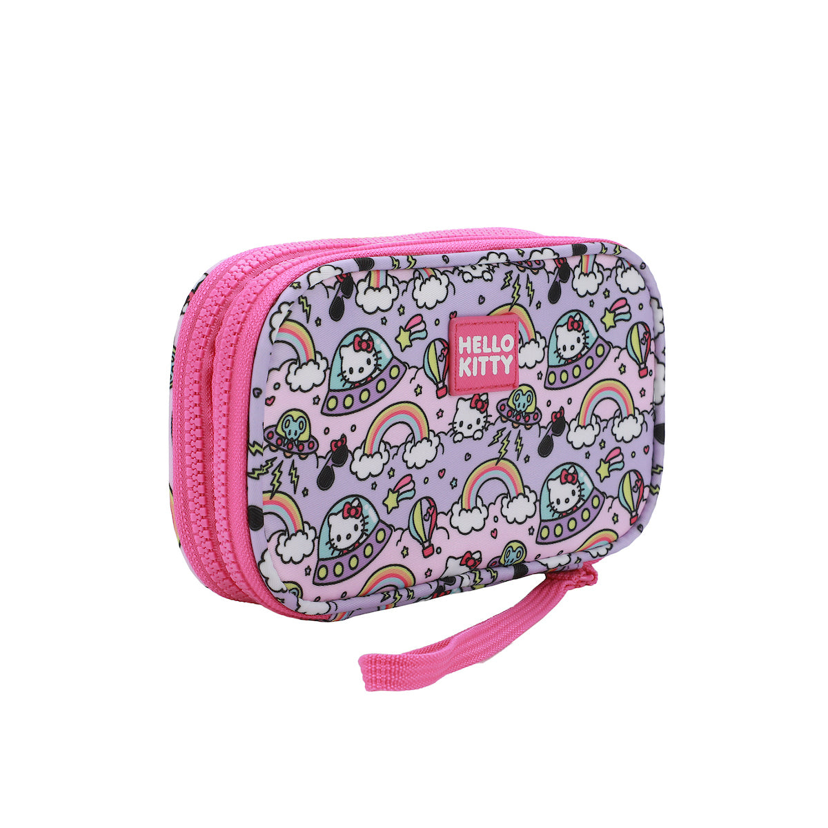 Hello Kitty Flying Saucer Print 4" Pink & Purple Tech Cable Organizer Travel Case