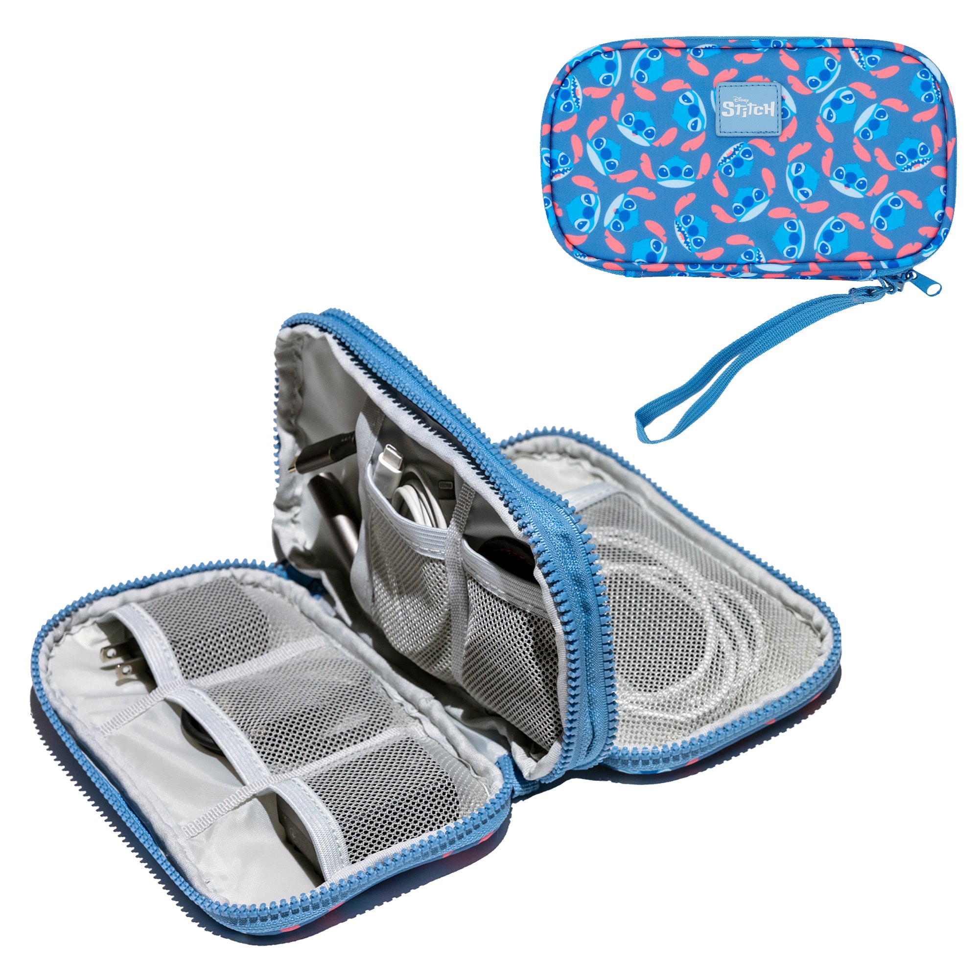 Disney Stitch Repeat Character Heads 4" Blue Tech Cable Organizer Travel Case