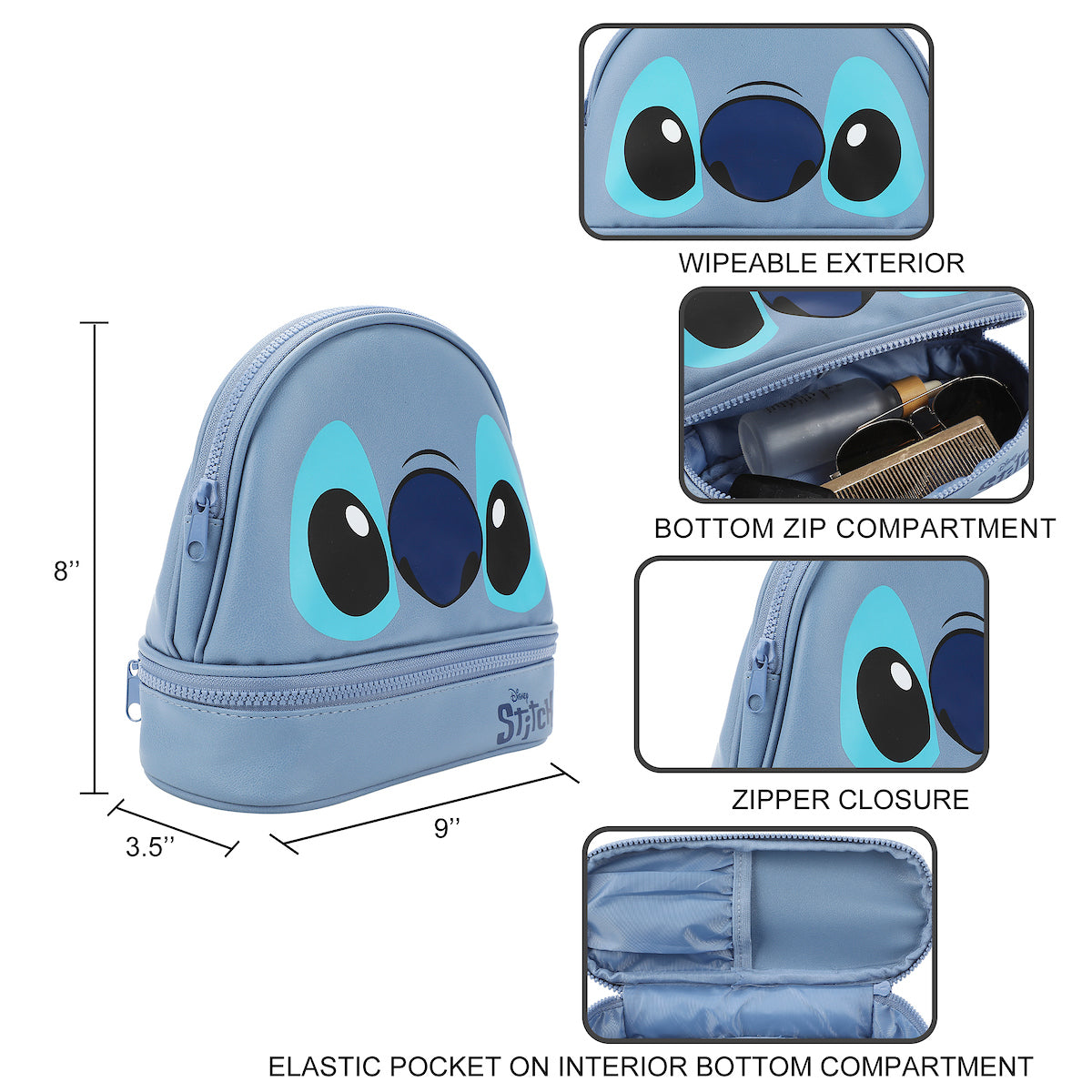 Disney Stitch Big Face Blue Zippered Dome Cosmetic Case